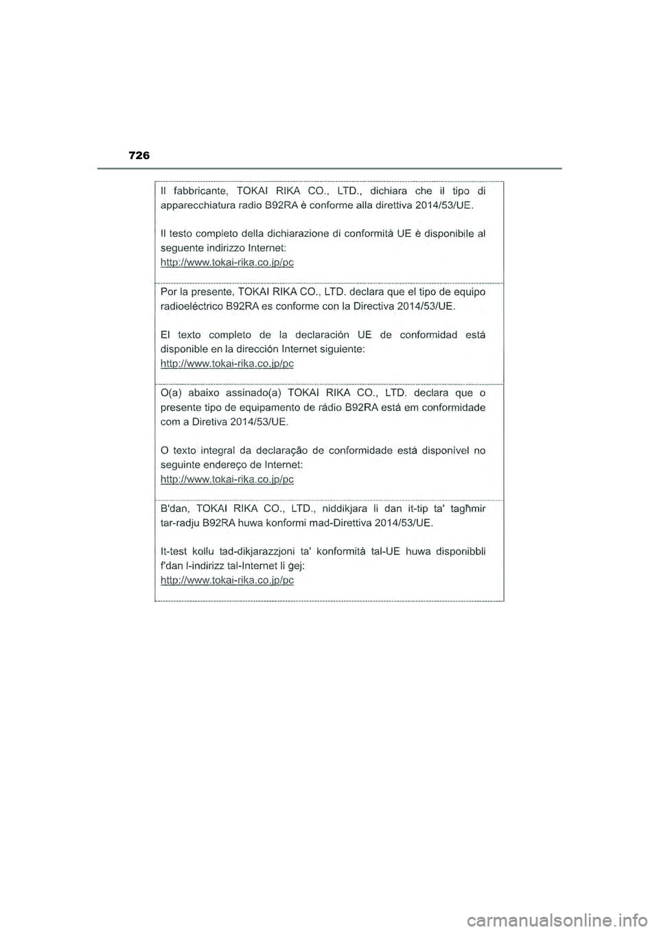 TOYOTA HILUX 2022  Instructieboekje (in Dutch) 726
HILUX_OM_OM0K513E_(EE)
HILUX_OM_OM0K513E_(EE).book  Page 726  Wednesday, May 26, 2021  11:09 AM 
