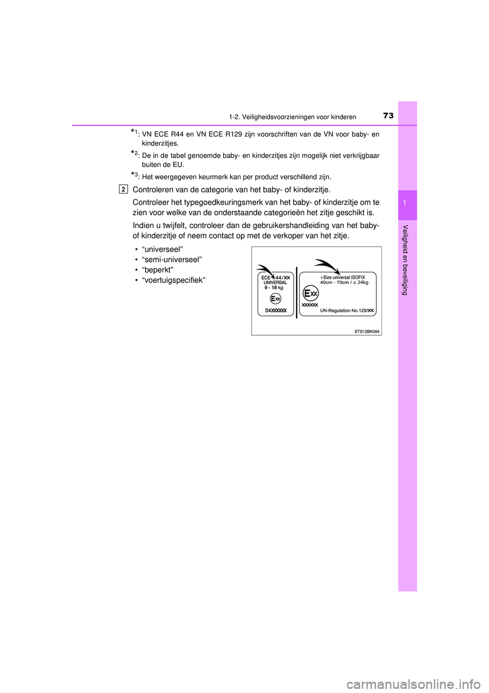 TOYOTA HILUX 2022  Instructieboekje (in Dutch) 731-2. Veiligheidsvoorzieningen voor kinderen
1
HILUX_OM_OM0K513E_(EE)
Veiligheid en beveiliging
*1: VN ECE R44 en VN ECE R129 zijn voorschriften van de VN voor baby- en kinderzitjes.
*2: De in de tab