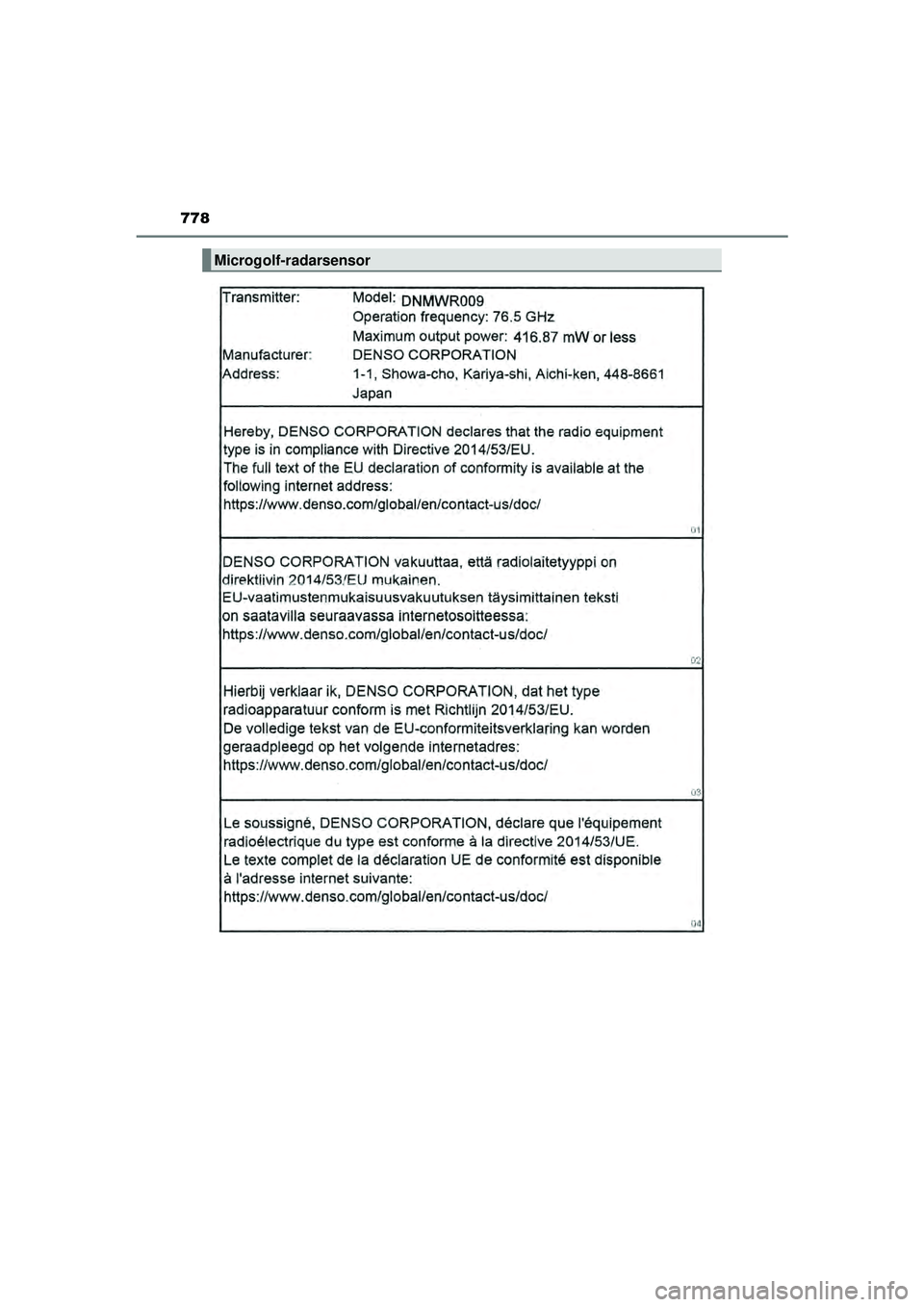 TOYOTA HILUX 2022  Instructieboekje (in Dutch) 778
HILUX_OM_OM0K513E_(EE)
Microgolf-radarsensor
HILUX_OM_OM0K513E_(EE).book  Page 778  Wednesday, May 26, 2021  11:09 AM 