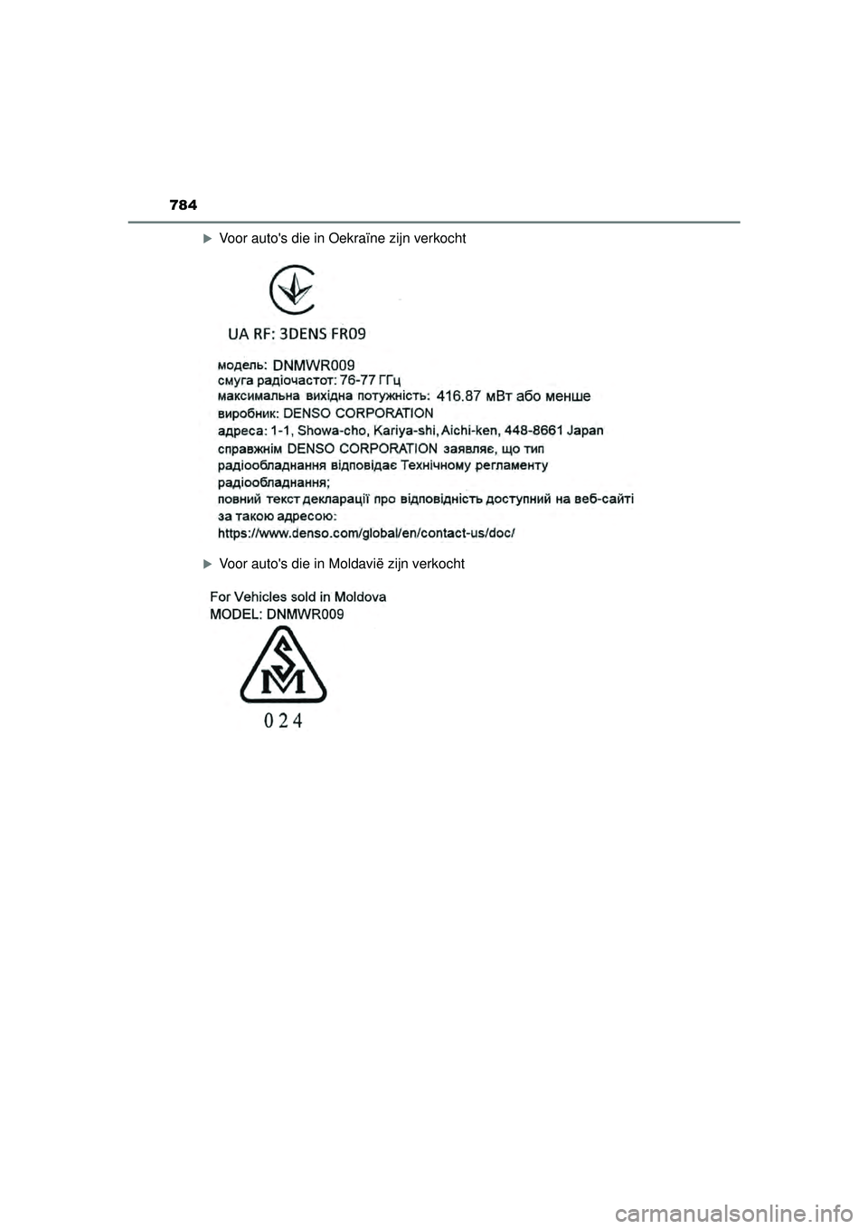 TOYOTA HILUX 2022  Instructieboekje (in Dutch) 784
HILUX_OM_OM0K513E_(EE)
Voor autos die in Oekraïne zijn verkocht
Voor autos die in Moldavië zijn verkocht
HILUX_OM_OM0K513E_(EE).book  Page 784  Wednesday, May 26, 2021  11:09 AM 