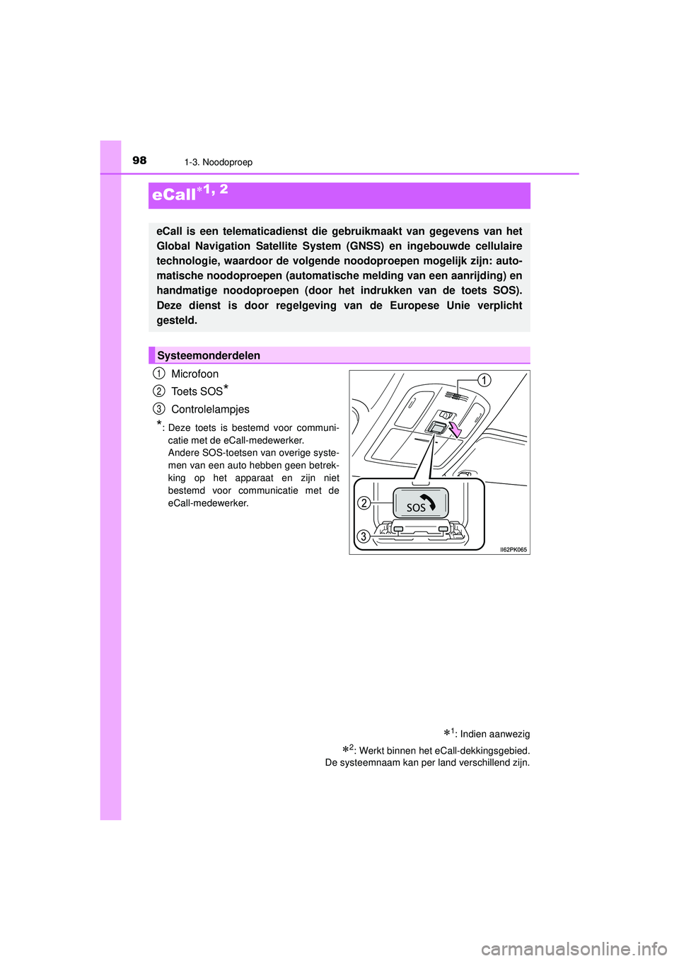TOYOTA HILUX 2022  Instructieboekje (in Dutch) 981-3. Noodoproep
HILUX_OM_OM0K513E_(EE)
eCall1, 2
Microfoon
Toets SOS
*
Controlelampjes
*: Deze toets is bestemd voor communi-catie met de eCall-medewerker.
Andere SOS-toetsen van overige syste-
m