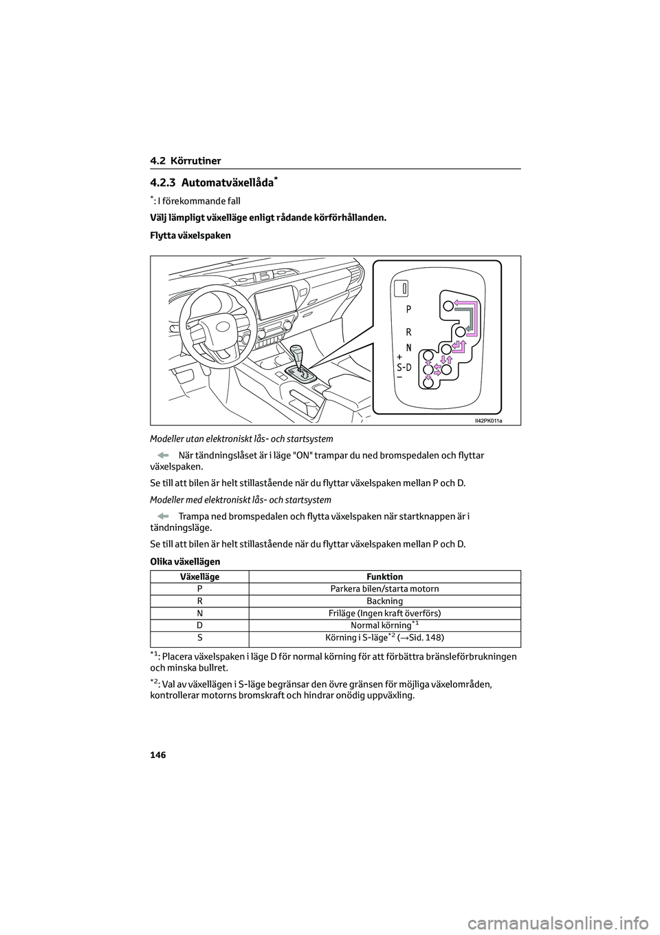 TOYOTA HILUX 2022  Bruksanvisningar (in Swedish) 4.2.3 Automatväxellåda*
*: I förekommande fall
Välj lämpligt växelläge enligt rådande körförhållanden.
Flytta växelspaken
Modeller utan elektroniskt lås- och startsystem
När tändningsl