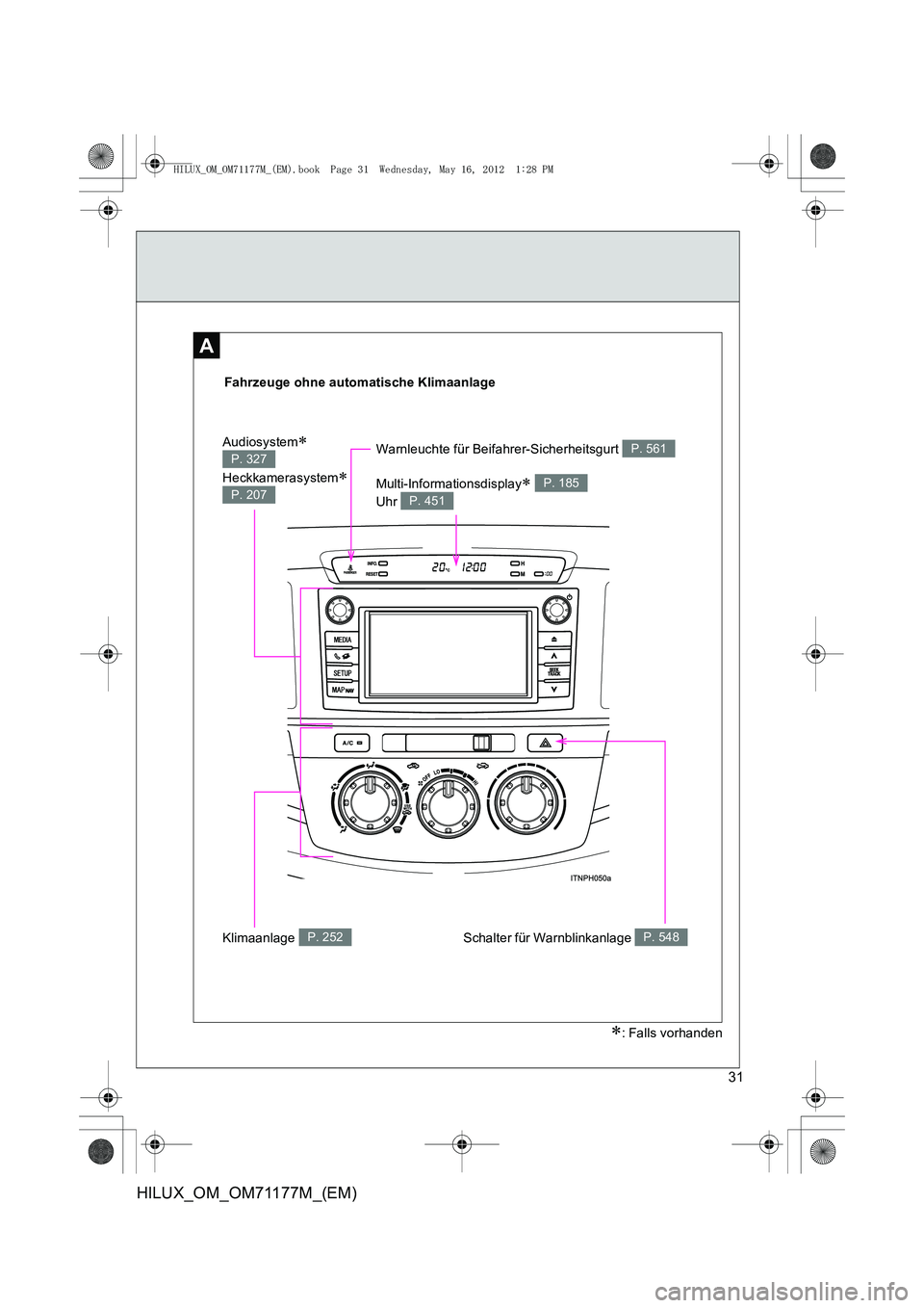 TOYOTA HILUX 2012  Betriebsanleitungen (in German) 31
HILUX_OM_OM71177M_(EM)
A
Fahrzeuge ohne automatische Klimaanlage
Schalter für Warnblinkanlage P. 548Klimaanlage P. 252
Warnleuchte für Beifahrer-Sicherheitsgurt P. 561
Multi-Informationsdisplay