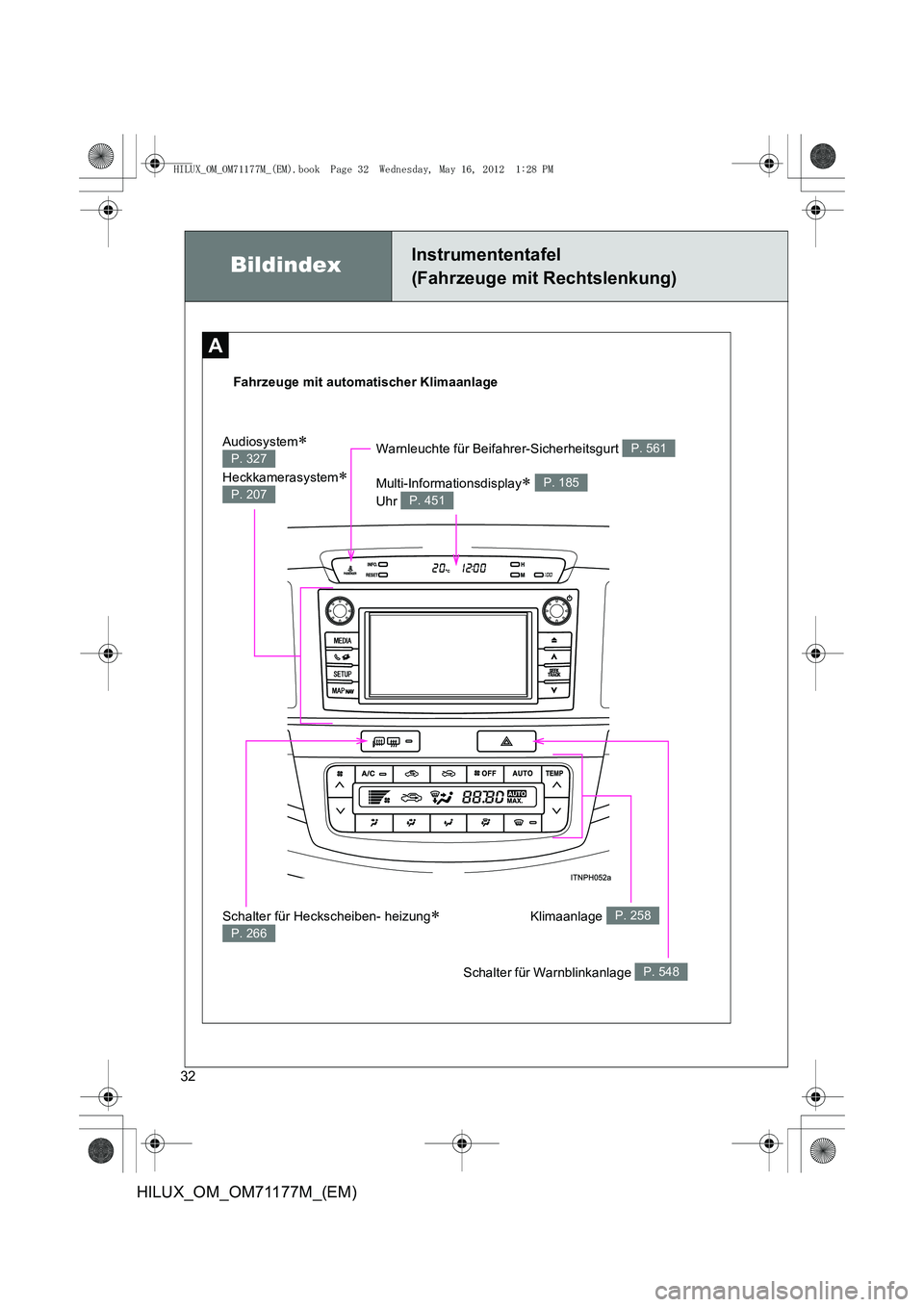 TOYOTA HILUX 2012  Betriebsanleitungen (in German) 32
HILUX_OM_OM71177M_(EM)
A
Fahrzeuge mit automatischer Klimaanlage
BildindexInstrumententafel 
(Fahrzeuge mit Rechtslenkung)
Klimaanlage P. 258Schalter für Heckscheiben- heizung∗ 
P. 266
Warnleuch