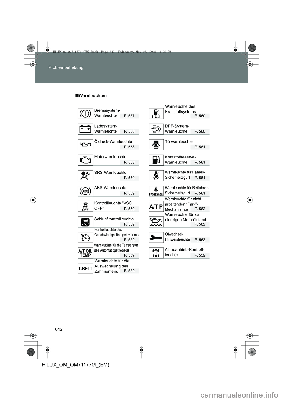 TOYOTA HILUX 2012  Betriebsanleitungen (in German) 642
Problembehebung
HILUX_OM_OM71177M_(EM)
■
Warnleuchten
P. 557P. 560
P. 558P. 560
P. 558P. 561
P. 558P. 561
P. 559P. 561
P. 559P. 561
P. 559P. 562
P. 559P. 562
P. 559P. 562
P. 559P. 559
P. 559
Bre
