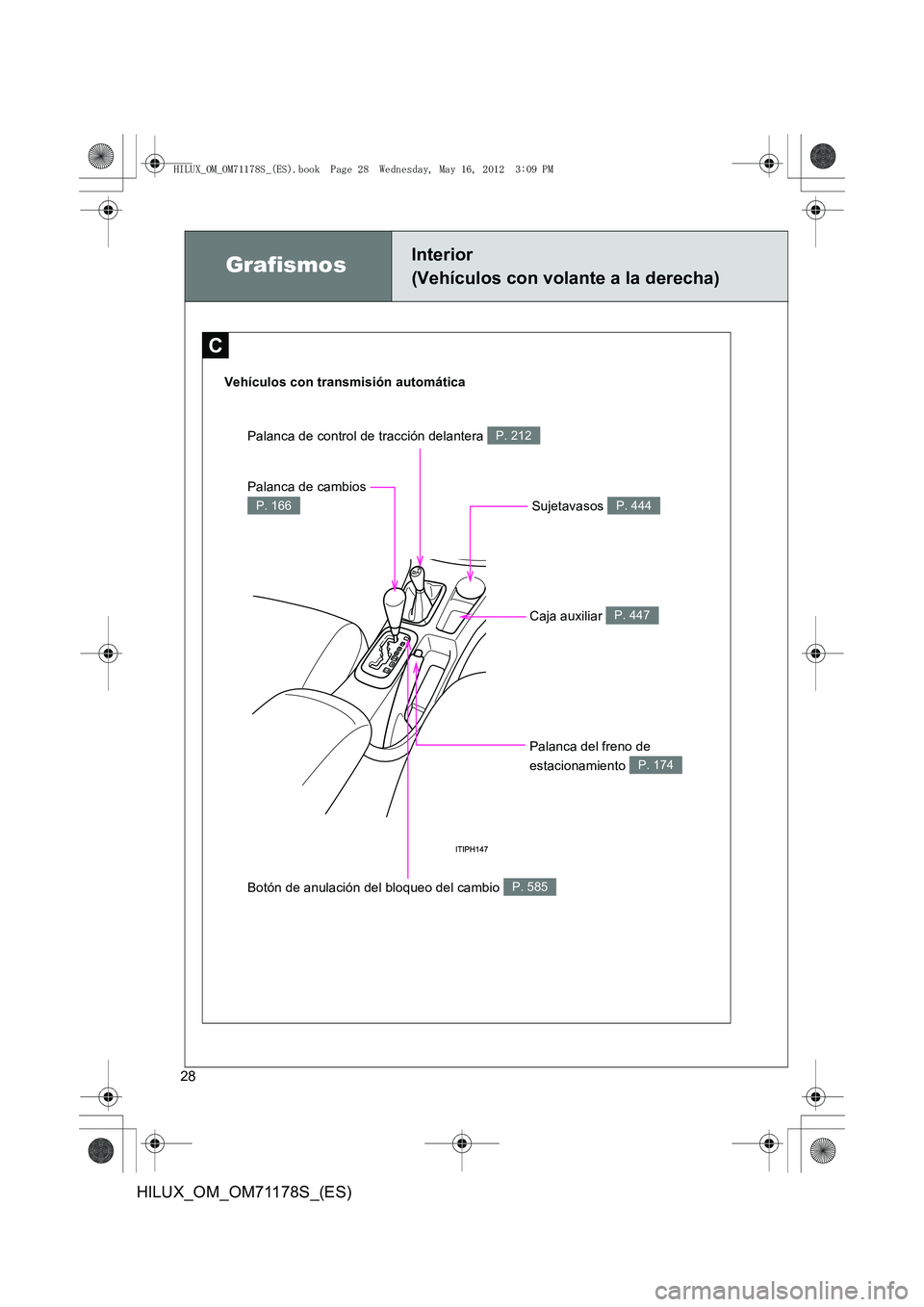 TOYOTA HILUX 2012  Manual del propietario (in Spanish) 28
HILUX_OM_OM71178S_(ES)
C
GrafismosInterior 
(Vehículos con volante a la derecha)
Vehículos con transmisión automáticaPalanca de cambios 
P. 166
Botón de anulación del bloqueo del cambio P. 58