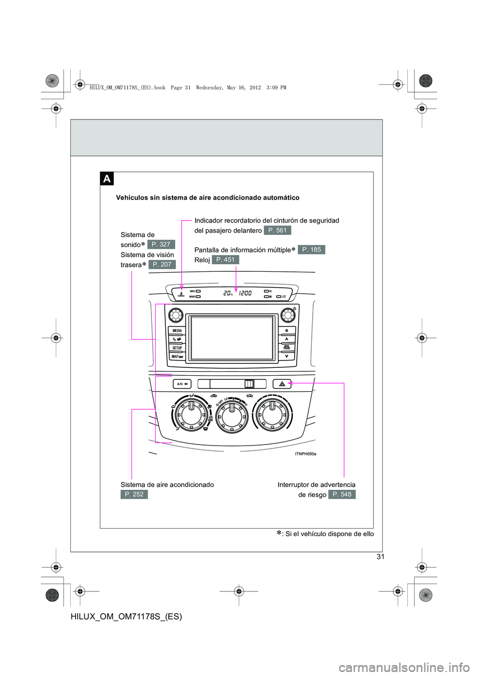TOYOTA HILUX 2012  Manual del propietario (in Spanish) 31
HILUX_OM_OM71178S_(ES)
A
Vehículos sin sistema de aire acondicionado automático
Sistema de 
sonido
∗ 
Sistema de visión 
trasera
∗ 
P. 327
P. 207
Interruptor de advertencia de riesgo 
P. 548