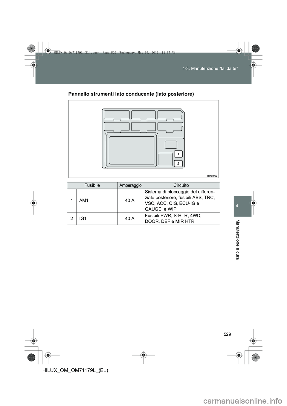 TOYOTA HILUX 2012  Manuale duso (in Italian) 529
4-3. Manutenzione “fai da te”
4
Manutenzione e cura
HILUX_OM_OM71179L_(EL)
Pannello strumenti lato conducente (lato posteriore)
FusibileAmperaggioCircuito
1AM140 A
Sistema di bloccaggio del di