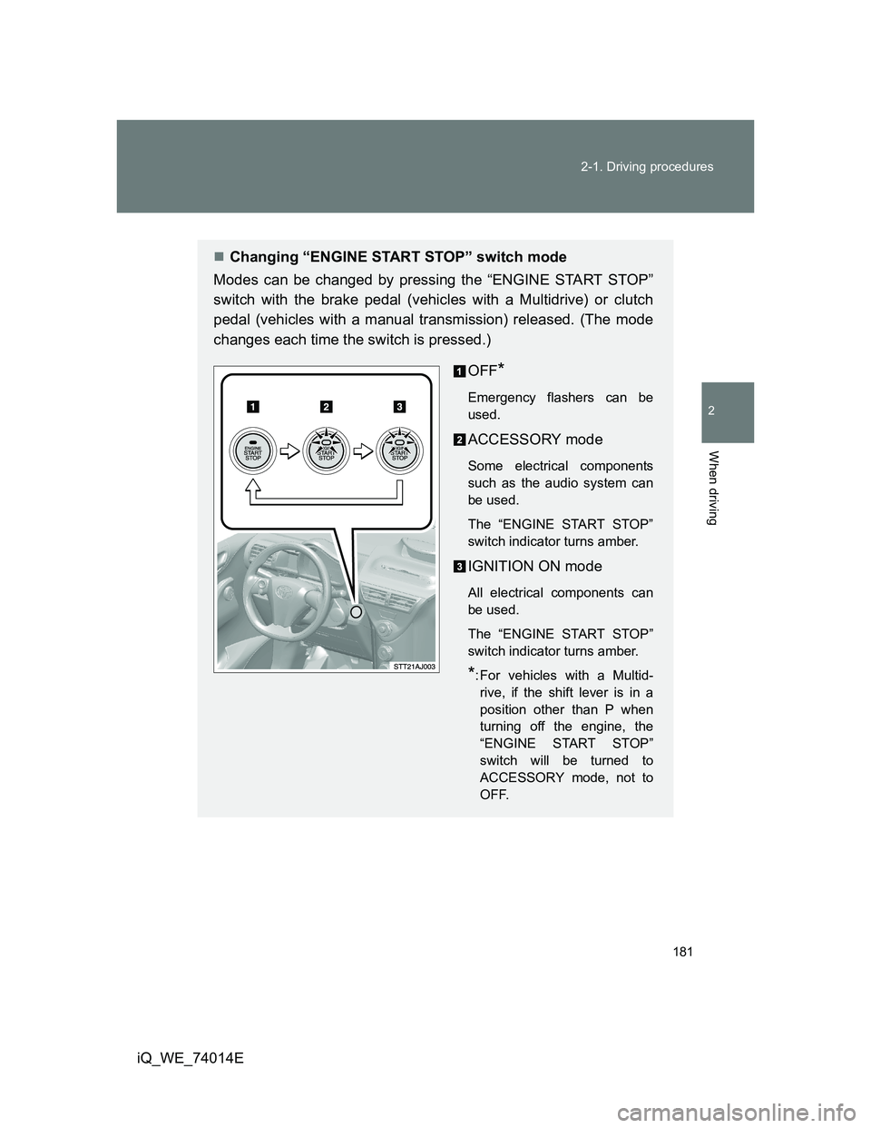 TOYOTA IQ 2012  Owners Manual 181 2-1. Driving procedures
2
When driving
iQ_WE_74014E
Changing “ENGINE START STOP” switch mode
Modes can be changed by pressing the “ENGINE START STOP”
switch with the brake pedal (vehicl
