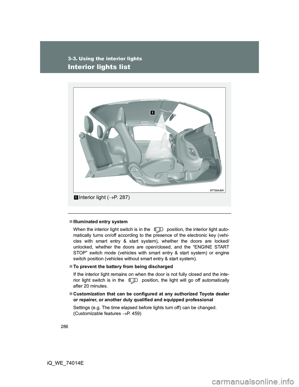 TOYOTA IQ 2012  Owners Manual 286
iQ_WE_74014E
3-3. Using the interior lights
Interior lights list
Illuminated entry system
When the interior light switch is in the   position, the interior light auto-
matically turns on/off ac