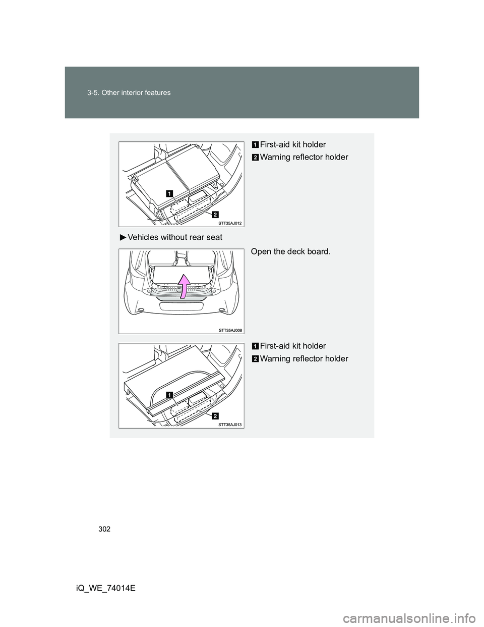 TOYOTA IQ 2012  Owners Manual 302 3-5. Other interior features
iQ_WE_74014E
First-aid kit holder
Warning reflector holder
Vehicles without rear seat
Open the deck board.
First-aid kit holder
Warning reflector holder 
