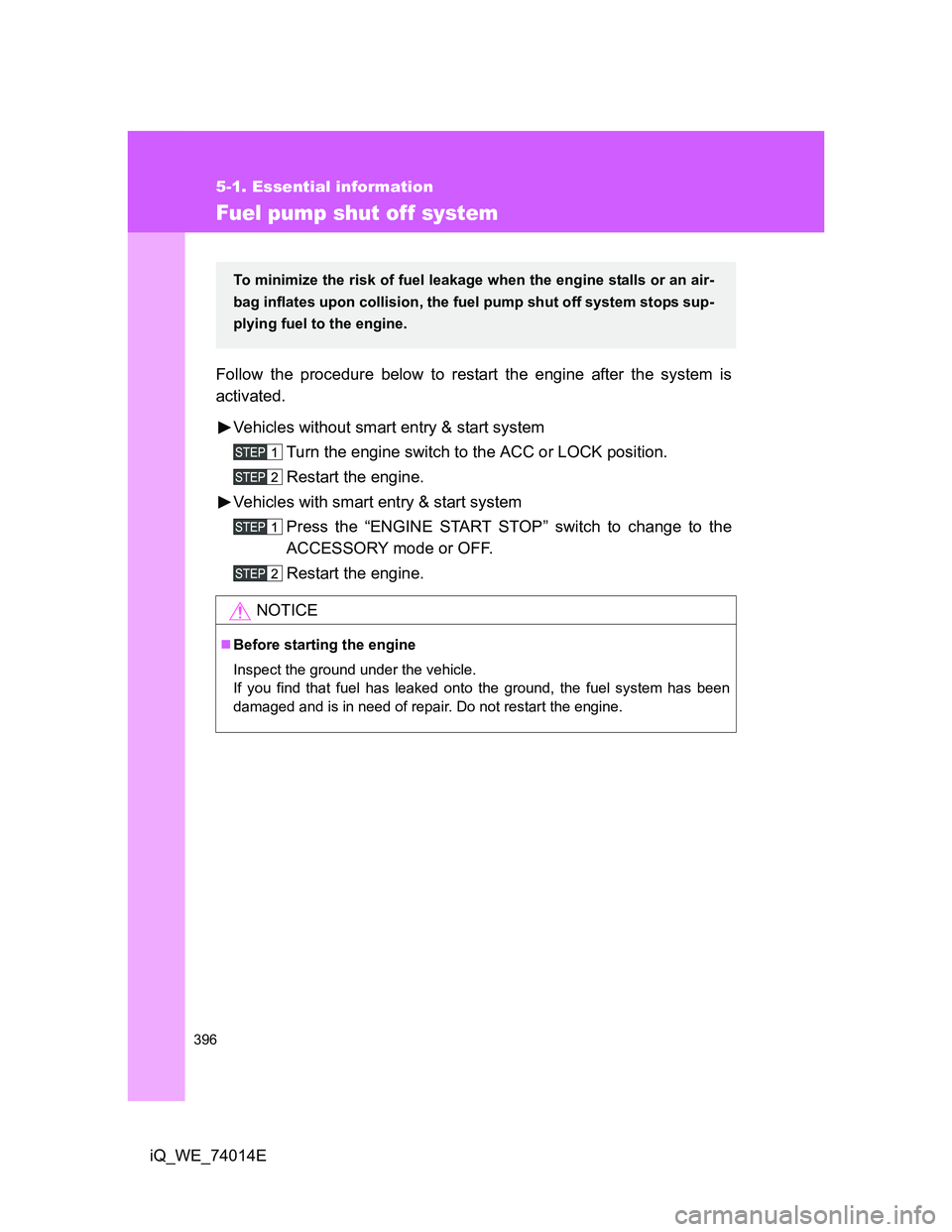 TOYOTA IQ 2012  Owners Manual 396
5-1. Essential information
iQ_WE_74014E
Fuel pump shut off system
Follow the procedure below to restart the engine after the system is
activated.
Vehicles without smart entry & start system
Turn t