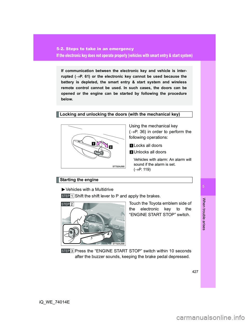 TOYOTA IQ 2012  Owners Manual 5
427
5-2. Steps to take in an emergency
When trouble arises
iQ_WE_74014E
If the electronic key does not operate properly (vehicles with smart entr y & start system)
Locking and unlocking the doors (w