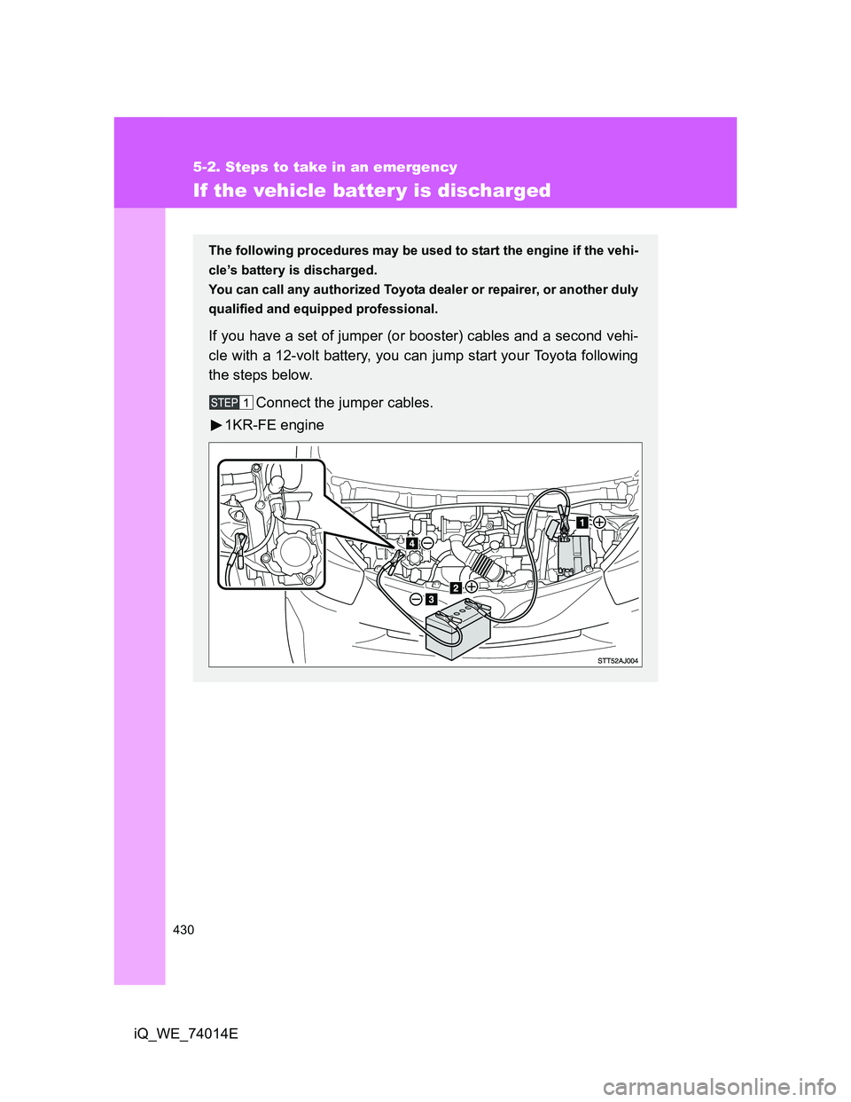 TOYOTA IQ 2012  Owners Manual 430
5-2. Steps to take in an emergency
iQ_WE_74014E
If the vehicle batter y is discharged
The following procedures may be used to start the engine if the vehi-
cle’s battery is discharged.
You can c