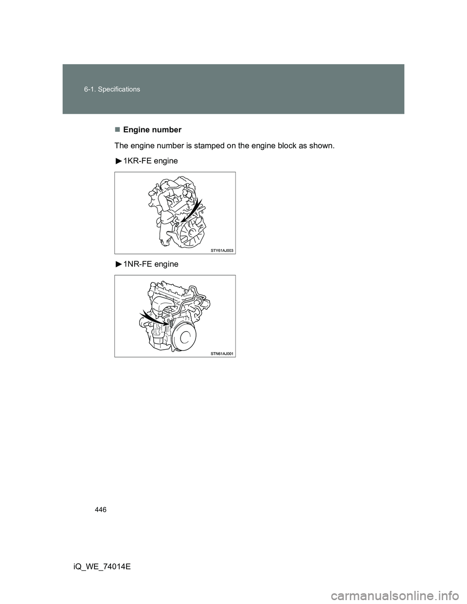 TOYOTA IQ 2012  Owners Manual 446 6-1. Specifications
iQ_WE_74014EEngine number
The engine number is stamped on the engine block as shown.
1KR-FE engine
1NR-FE engine 