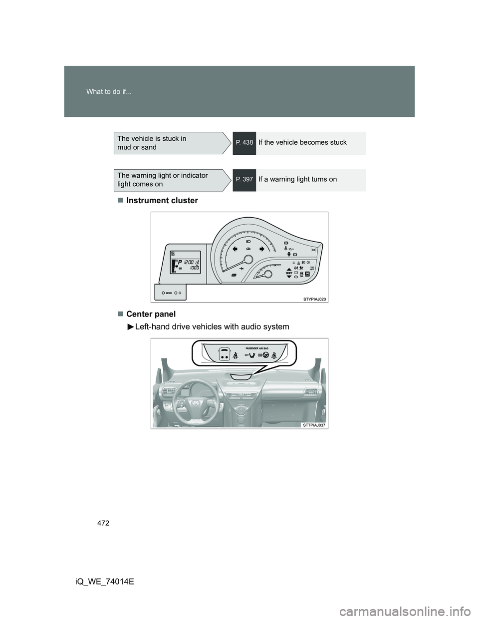 TOYOTA IQ 2012  Owners Manual 472 What to do if...
iQ_WE_74014EInstrument cluster
Center panel
Left-hand drive vehicles with audio system
The vehicle is stuck in 
mud or sandP. 438If the vehicle becomes stuck
The warning lig