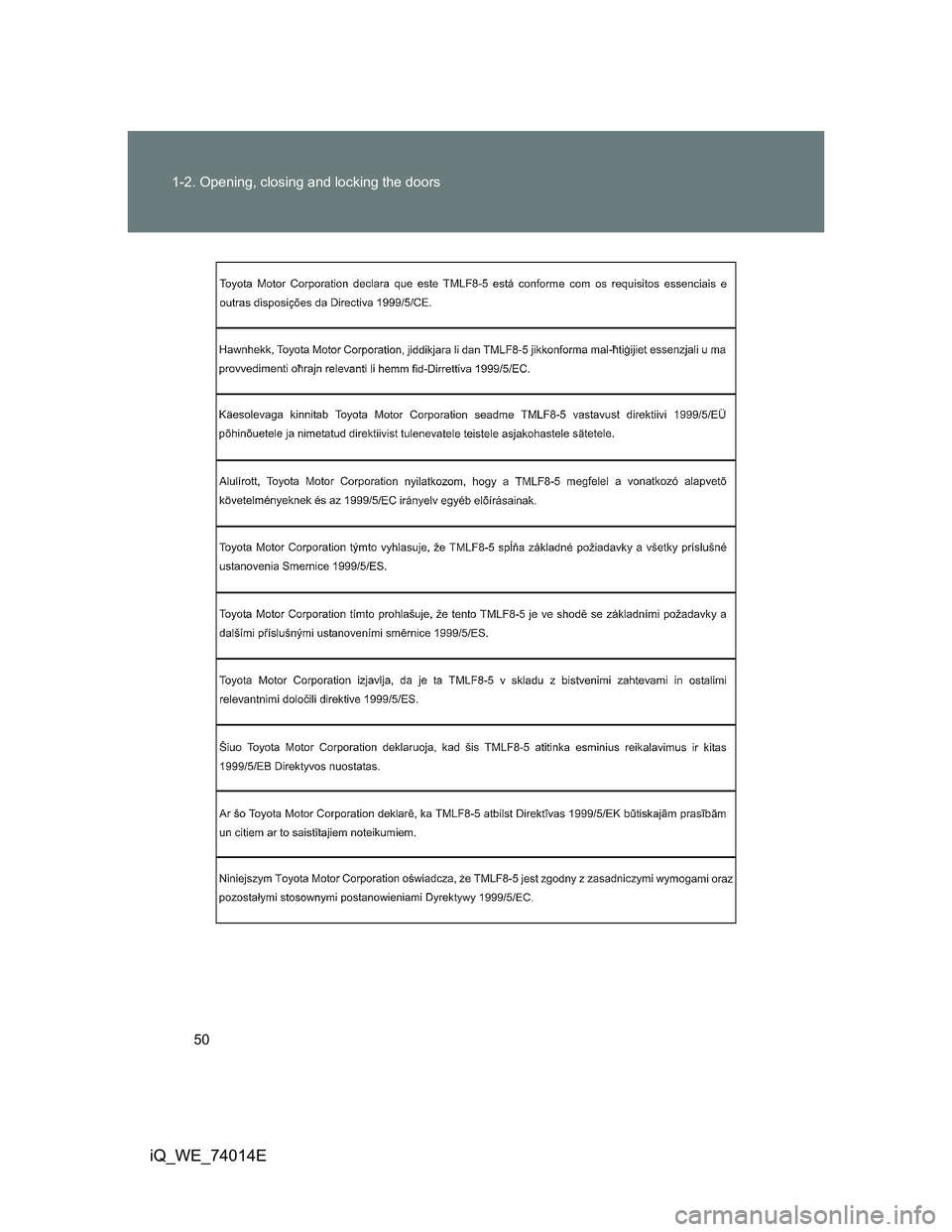 TOYOTA IQ 2012  Owners Manual 50 1-2. Opening, closing and locking the doors
iQ_WE_74014E 