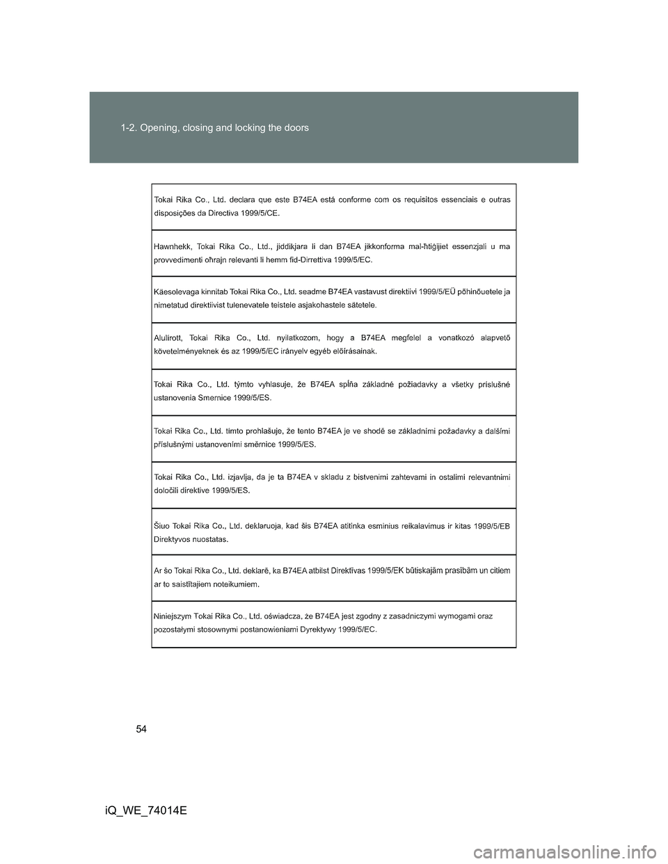 TOYOTA IQ 2012  Owners Manual 54 1-2. Opening, closing and locking the doors
iQ_WE_74014E 