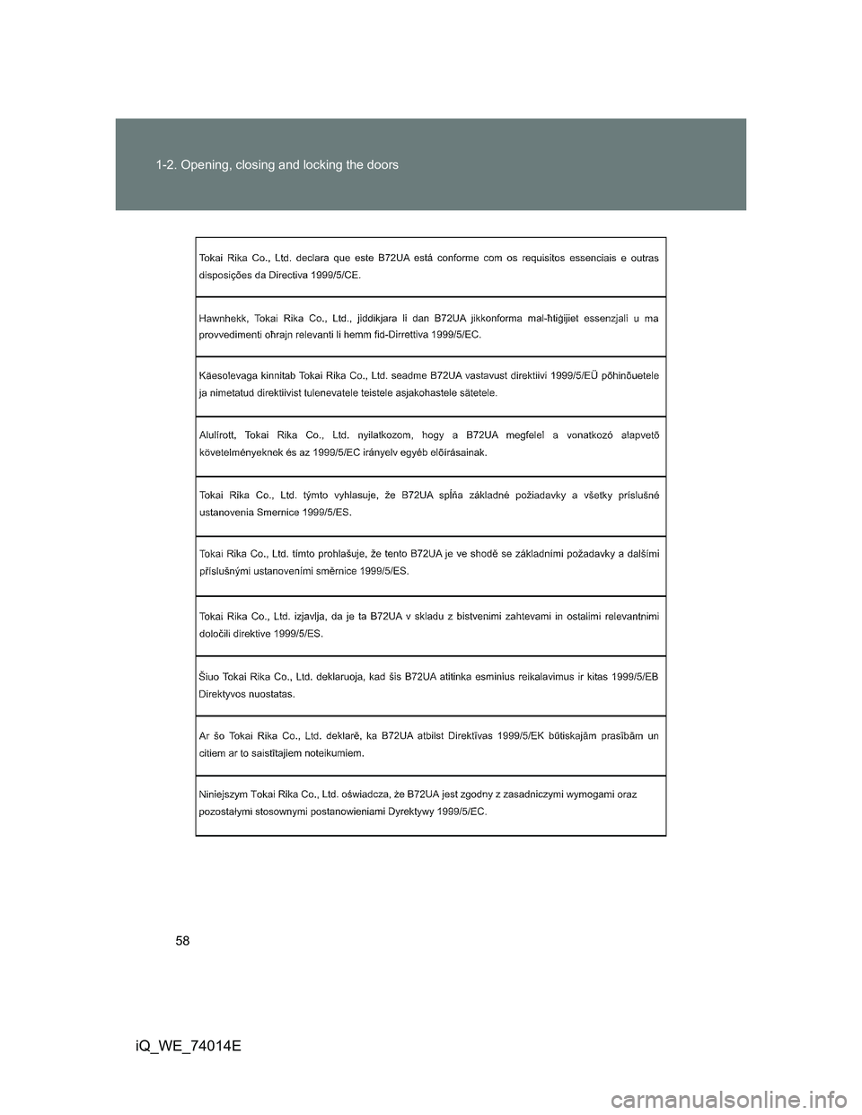 TOYOTA IQ 2012  Owners Manual 58 1-2. Opening, closing and locking the doors
iQ_WE_74014E 