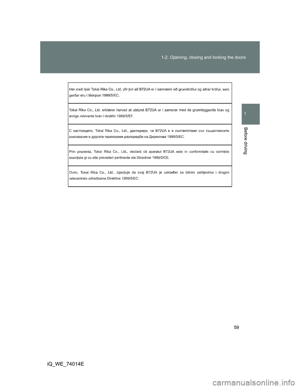 TOYOTA IQ 2012  Owners Manual 59 1-2. Opening, closing and locking the doors
1
Before driving
iQ_WE_74014E 