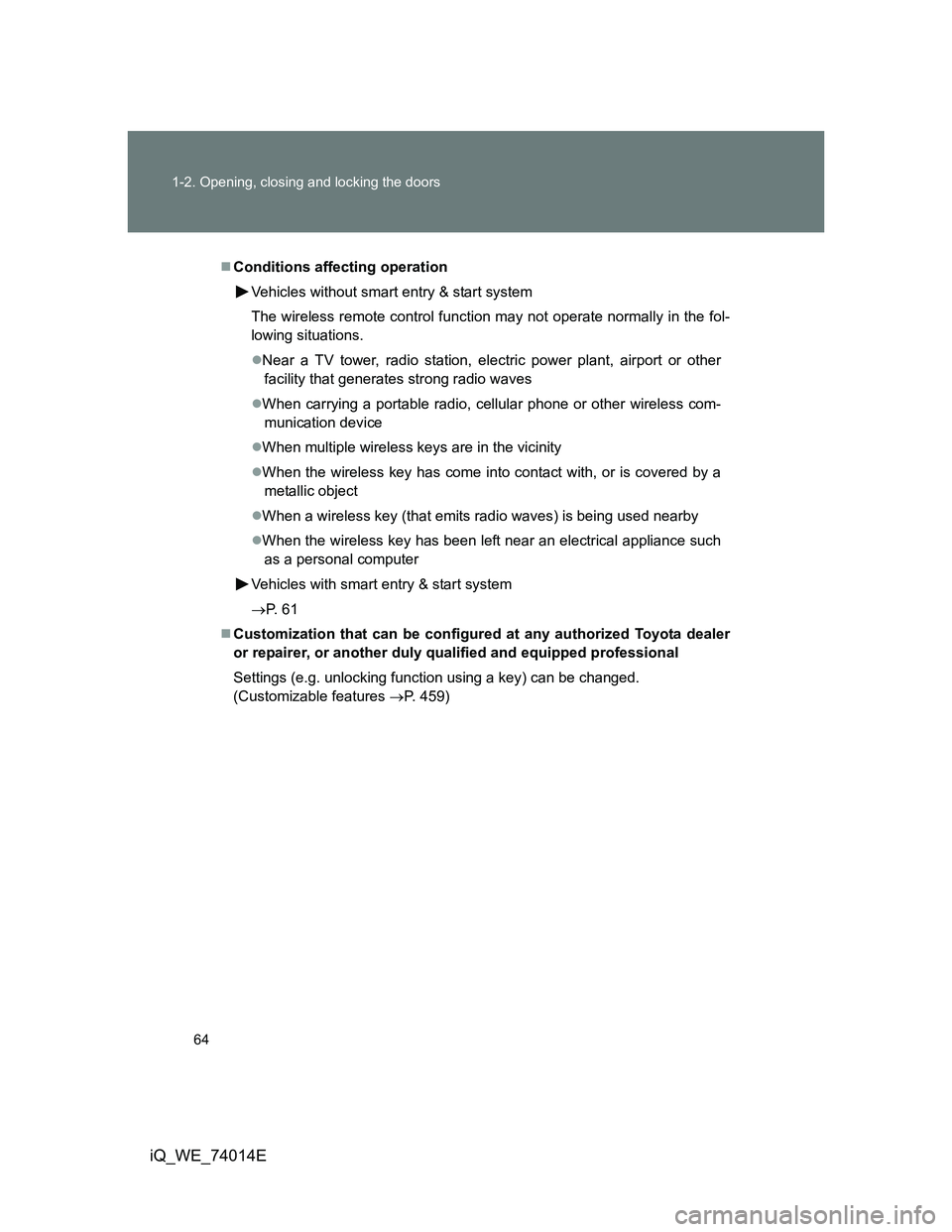 TOYOTA IQ 2012  Owners Manual 64 1-2. Opening, closing and locking the doors
iQ_WE_74014E
Conditions affecting operation
Vehicles without smart entry & start system
The wireless remote control function may not operate normally 