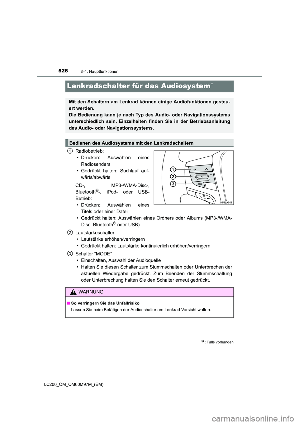 TOYOTA LAND CRUISER 2015 Betriebsanleitungen (in German) 5265-1. Hauptfunktionen
LC200_OM_OM60M97M_(EM)
Lenkradschalter für das Audiosystem∗
Radiobetrieb:• Drücken: Auswählen eines
Radiosenders
• Gedrückt halten: Suchlauf auf- wärts/abwärts
CD-, TOYOTA LAND CRUISER 2015 Betriebsanleitungen (in German) 5265-1. Hauptfunktionen
LC200_OM_OM60M97M_(EM)
Lenkradschalter für das Audiosystem∗
Radiobetrieb:• Drücken: Auswählen eines
Radiosenders
• Gedrückt halten: Suchlauf auf- wärts/abwärts
CD-,