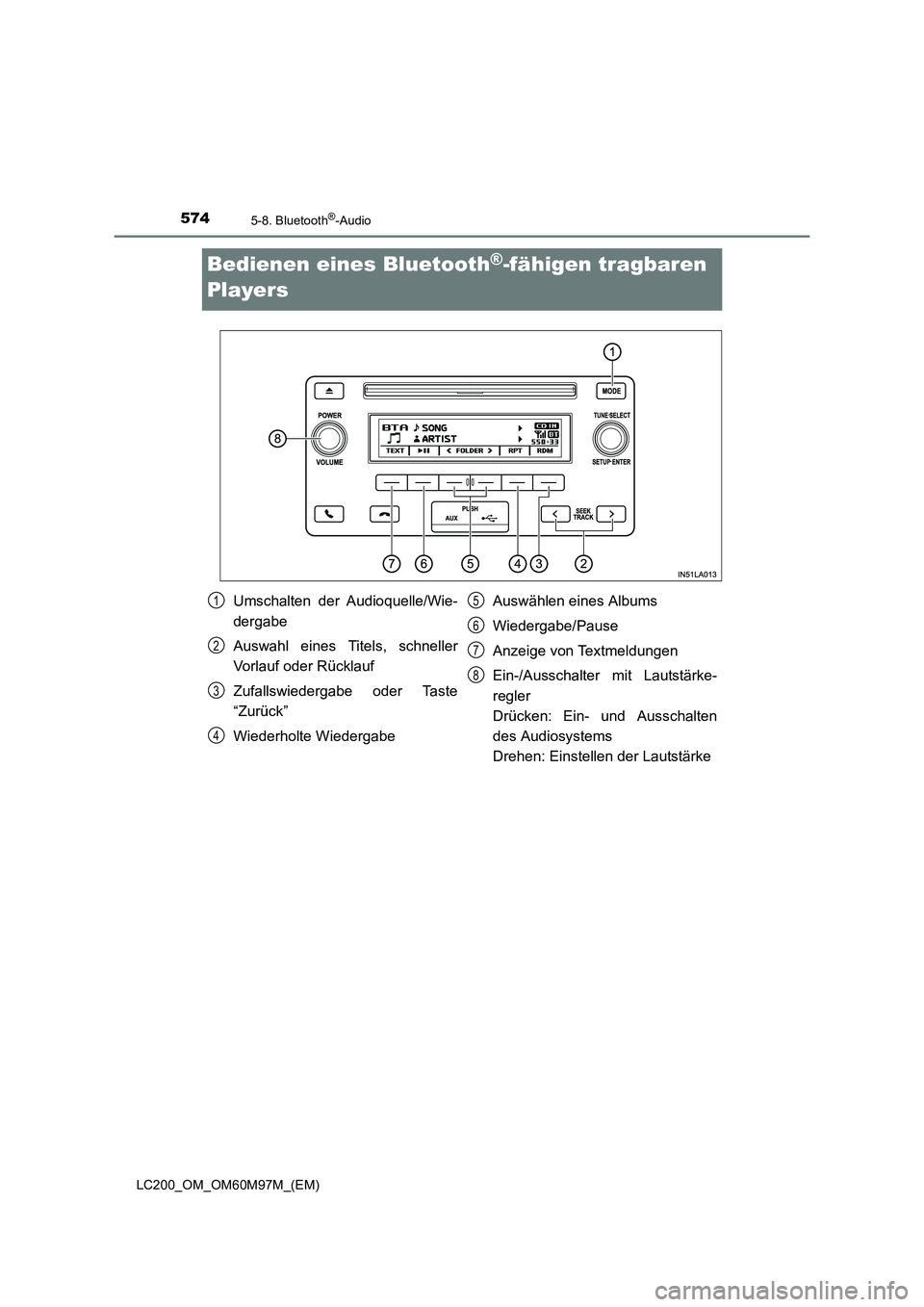 TOYOTA LAND CRUISER 2016  Betriebsanleitungen (in German) 5745-8. Bluetooth®-Audio
LC200_OM_OM60M97M_(EM)
Bedienen eines Bluetooth®-fähigen tragbaren 
Players
Umschalten der Audioquelle/Wie-
dergabe
Auswahl eines Titels, schneller
Vorlauf oder Rücklauf
Z