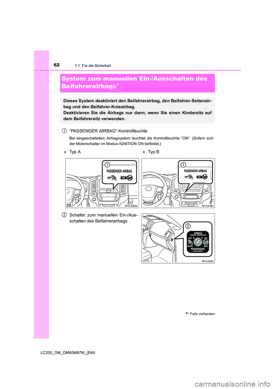 TOYOTA LAND CRUISER 2015  Betriebsanleitungen (in German) 621-1. Für die Sicherheit
LC200_OM_OM60M97M_(EM)
System zum manuellen Ein-/Ausschalten des 
Beifahrerairbags
∗
“PASSENGER AIRBAG”-Kontrollleuchte
Bei eingeschaltetem Airbagsystem leuchtet die K