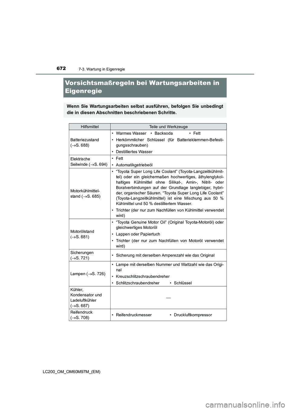 TOYOTA LAND CRUISER 2015 Betriebsanleitungen (in German) 6727-3. Wartung in Eigenregie
LC200_OM_OM60M97M_(EM)
Vorsichtsmaßregeln bei Wartungsarbeiten in
Eigenregie
Wenn Sie Wartungsarbeiten selbst ausführen, befolgen Sie unbedingt
die in diesen Abschnitt TOYOTA LAND CRUISER 2015 Betriebsanleitungen (in German) 6727-3. Wartung in Eigenregie
LC200_OM_OM60M97M_(EM)
Vorsichtsmaßregeln bei Wartungsarbeiten in
Eigenregie
Wenn Sie Wartungsarbeiten selbst ausführen, befolgen Sie unbedingt
die in diesen Abschnitt