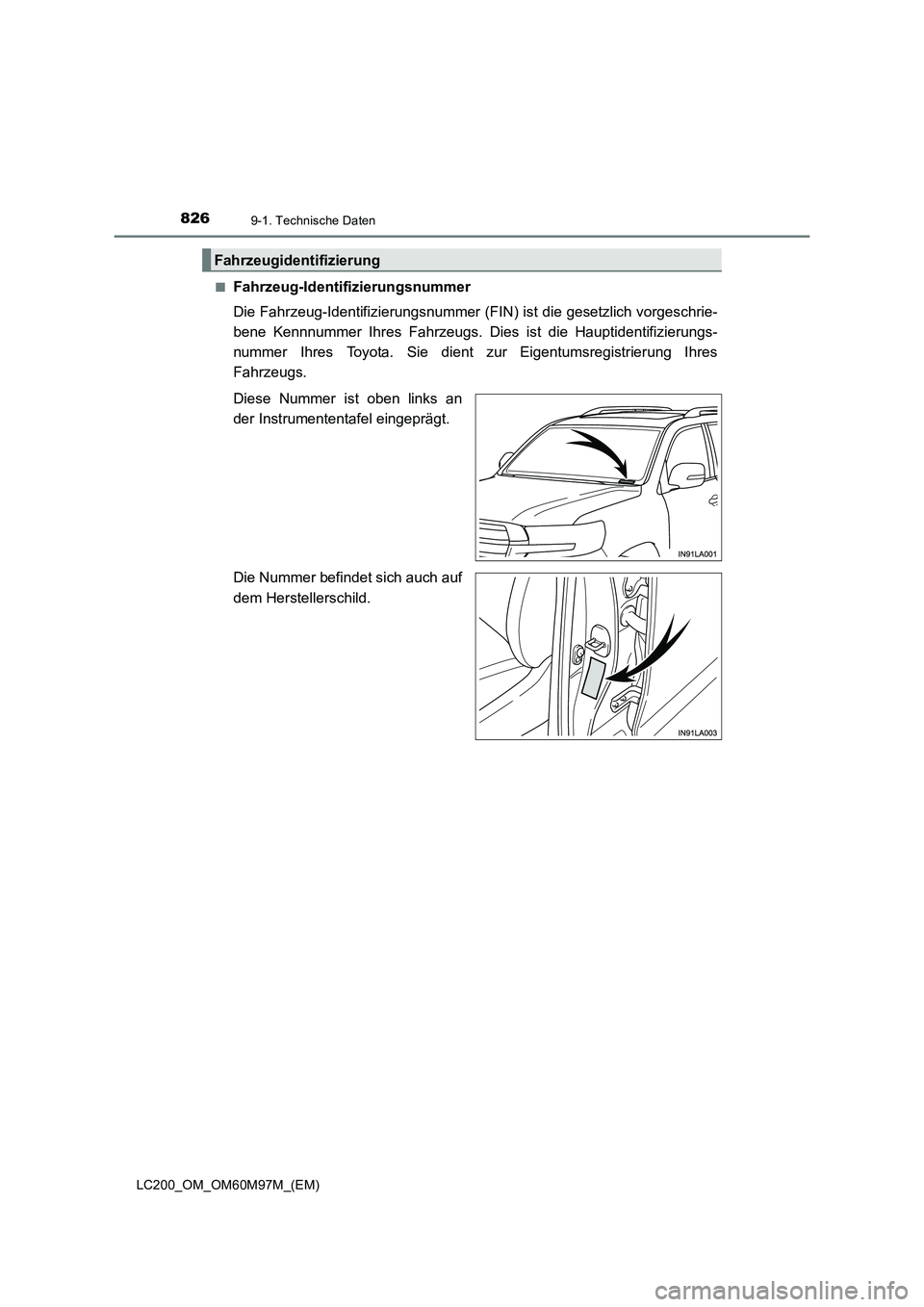 TOYOTA LAND CRUISER 2015  Betriebsanleitungen (in German) 8269-1. Technische Daten
LC200_OM_OM60M97M_(EM)■
Fahrzeug-Identifizierungsnummer
Die Fahrzeug-Identifizierungsnummer (FIN) ist die gesetzlich vorgeschrie-
bene Kennnummer Ihres Fahrzeugs. Dies ist d