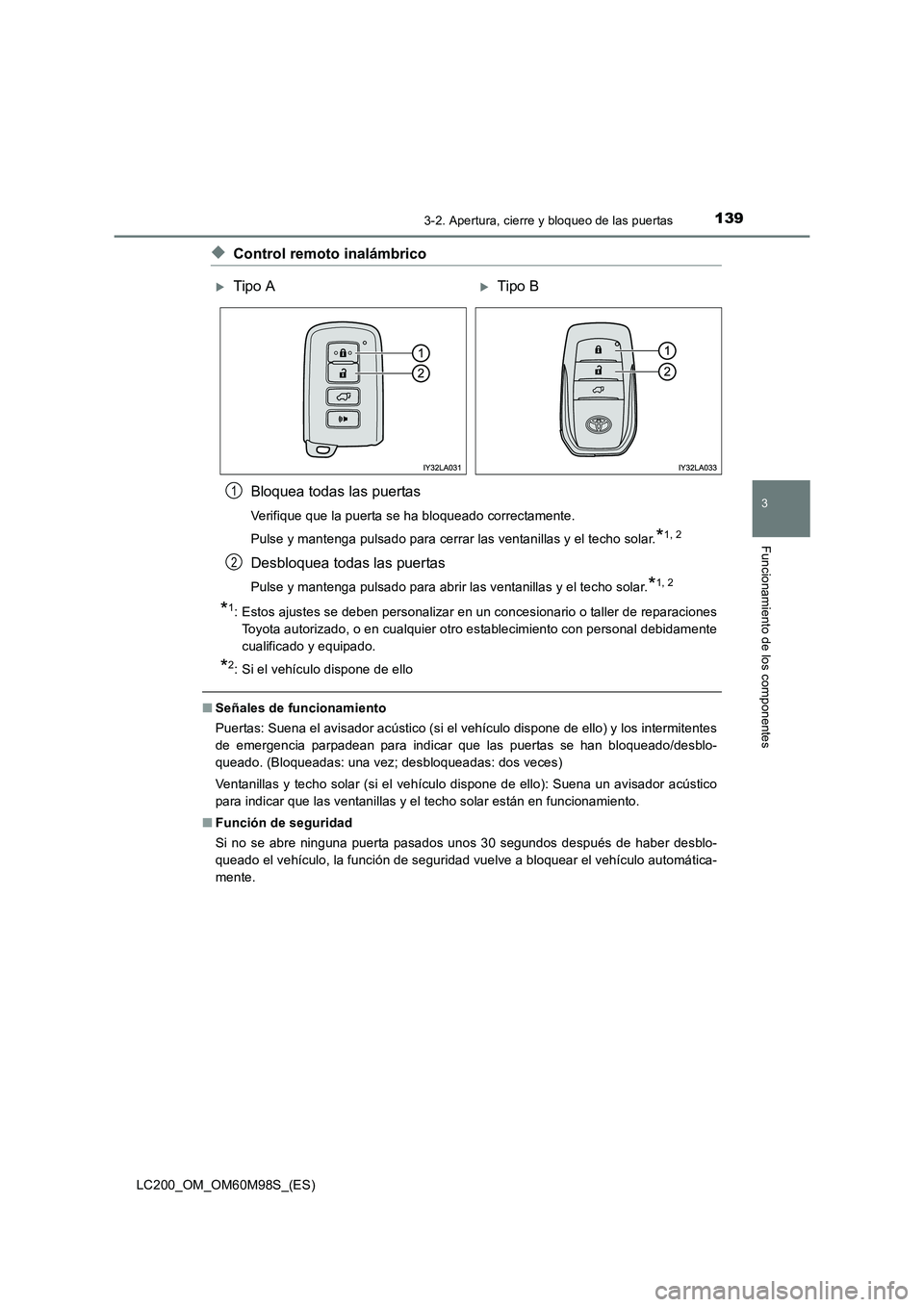 TOYOTA LAND CRUISER 2015  Manual del propietario (in Spanish) 1393-2. Apertura, cierre y bloqueo de las puertas
3
Funcionamiento de los componentes
LC200_OM_OM60M98S_(ES)
◆Control remoto inalámbricoBloquea todas las puertas
Verifique que la puerta se ha bloqu
