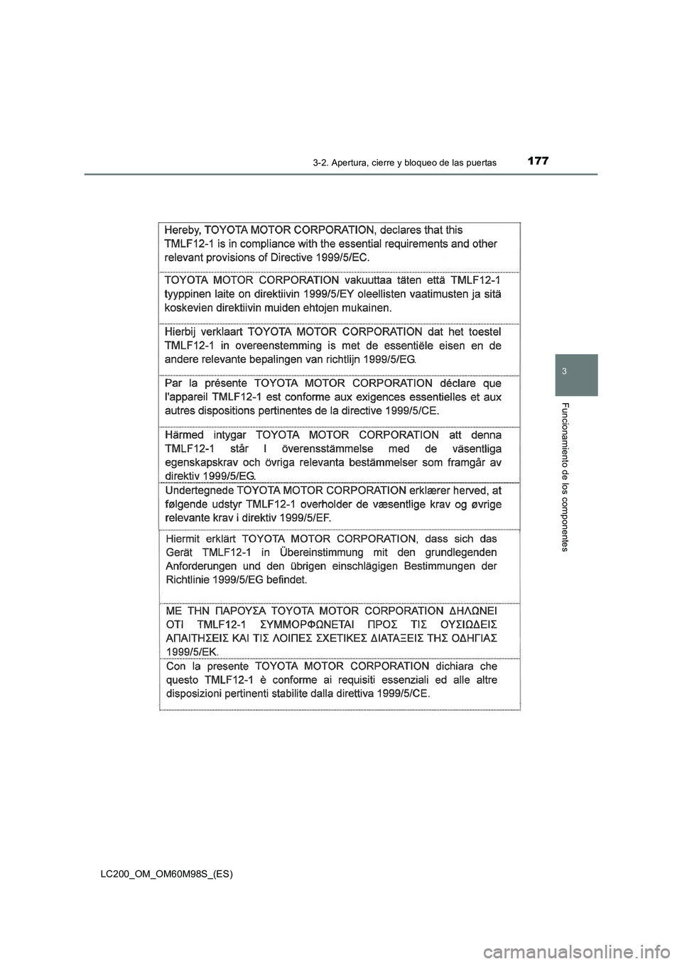TOYOTA LAND CRUISER 2015  Manual del propietario (in Spanish) 1773-2. Apertura, cierre y bloqueo de las puertas
3
Funcionamiento de los componentes
LC200_OM_OM60M98S_(ES) 