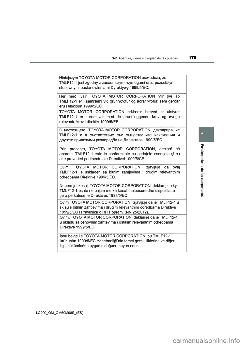 TOYOTA LAND CRUISER 2015  Manual del propietario (in Spanish) 1793-2. Apertura, cierre y bloqueo de las puertas
3
Funcionamiento de los componentes
LC200_OM_OM60M98S_(ES) 