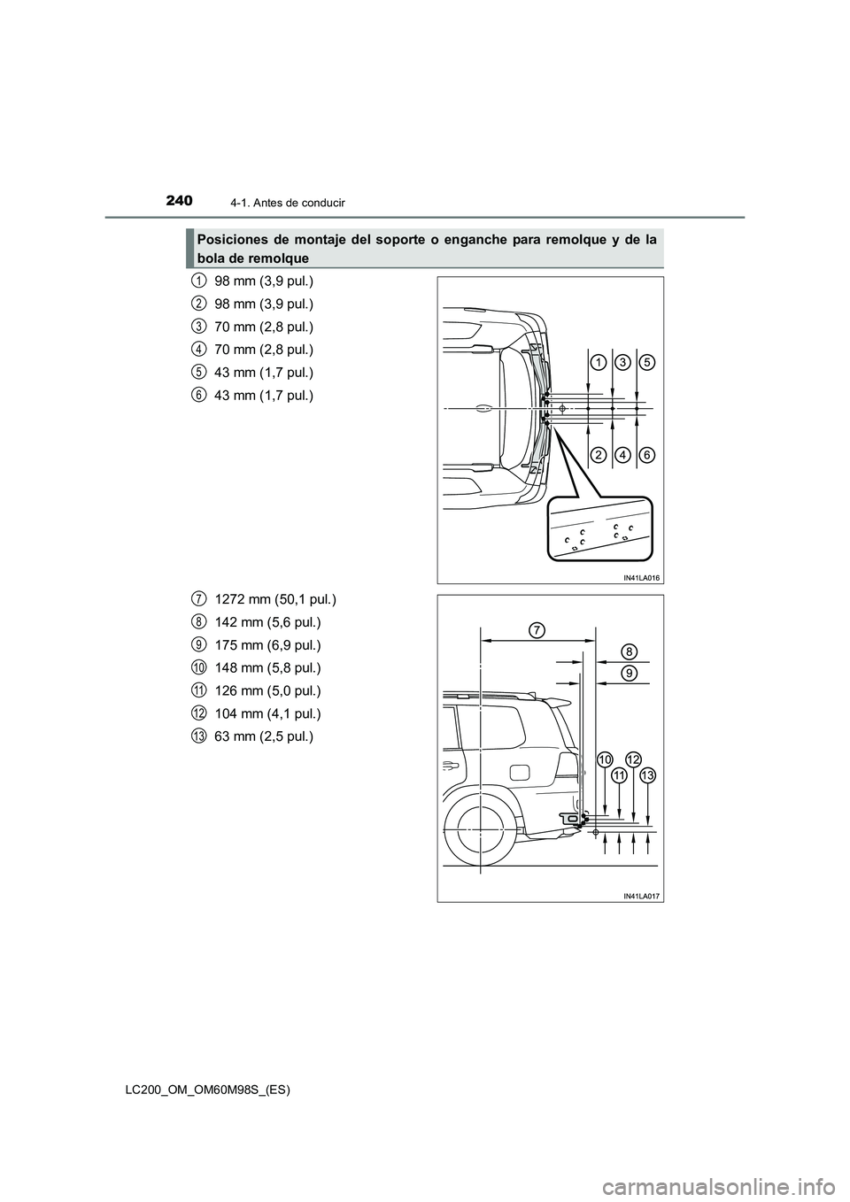 TOYOTA LAND CRUISER 2015  Manual del propietario (in Spanish) 2404-1. Antes de conducir
LC200_OM_OM60M98S_(ES)
98 mm (3,9 pul.)
98 mm (3,9 pul.)
70 mm (2,8 pul.)
70 mm (2,8 pul.)
43 mm (1,7 pul.)
43 mm (1,7 pul.)
1272 mm (50,1 pul.)
142 mm (5,6 pul.)
175 mm (6,9