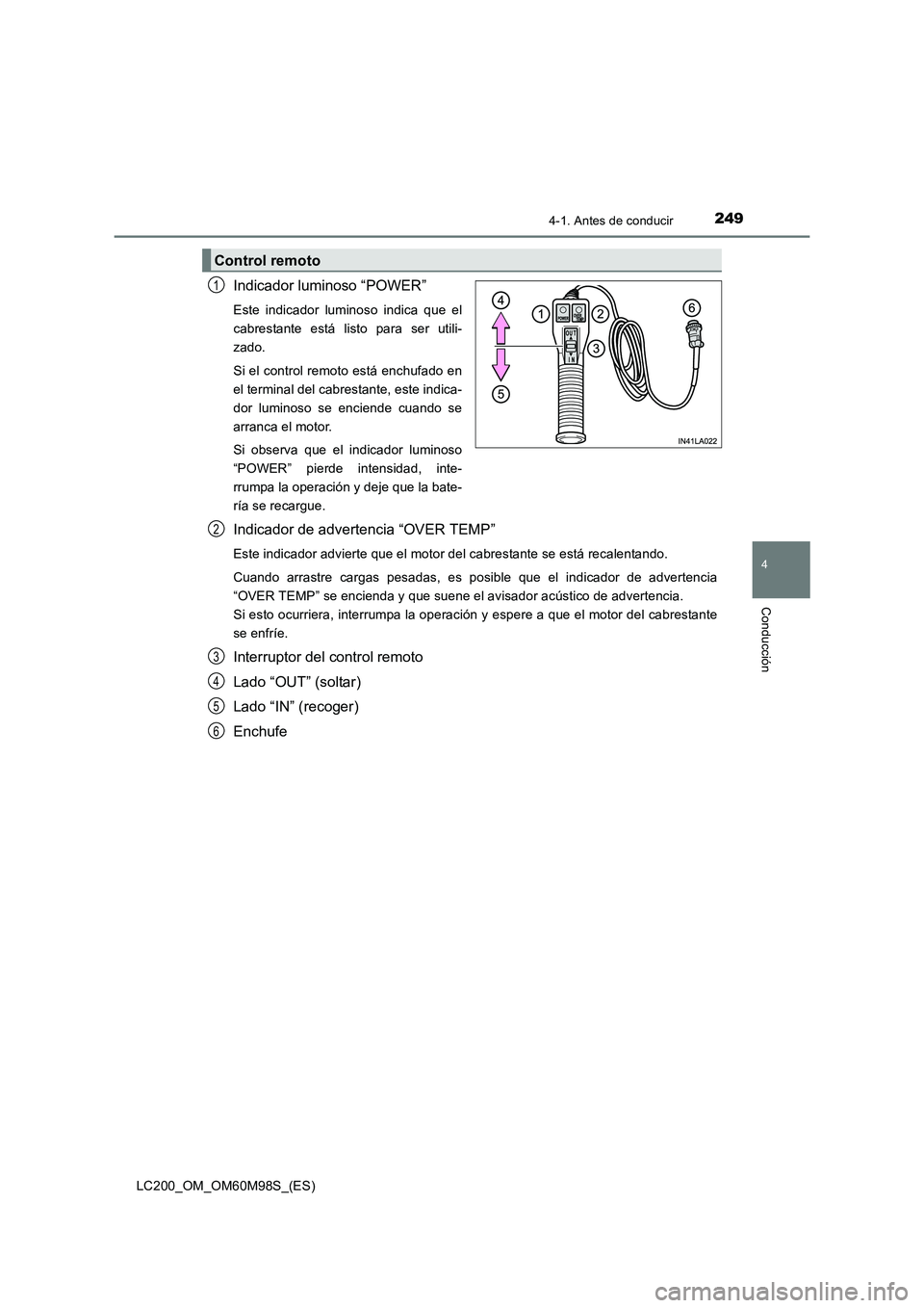 TOYOTA LAND CRUISER 2015  Manual del propietario (in Spanish) 2494-1. Antes de conducir
4
Conducción
LC200_OM_OM60M98S_(ES)
Indicador luminoso “POWER”
Este indicador luminoso indica que el
cabrestante está listo para ser utili-
zado.
Si el control remoto e