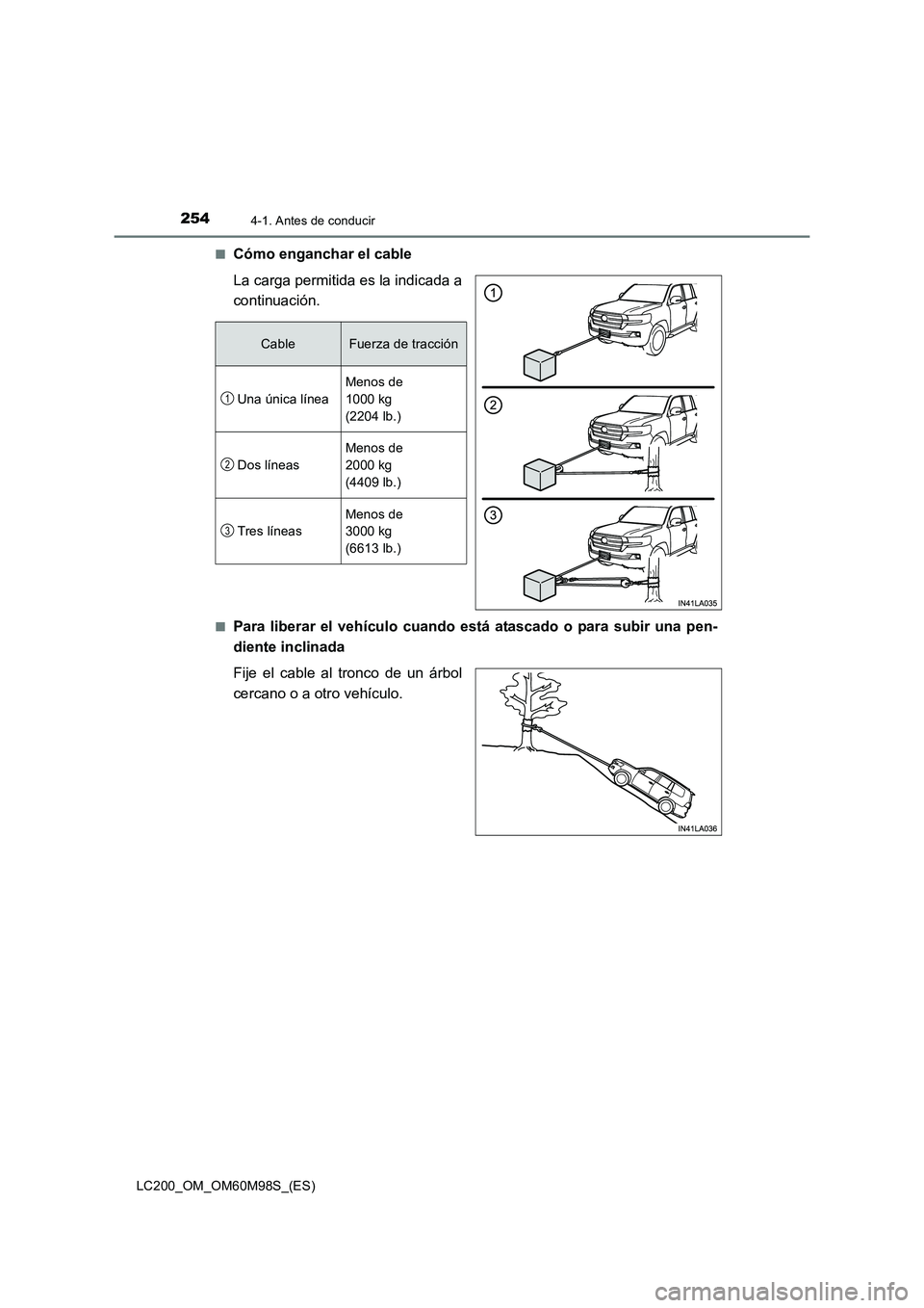 TOYOTA LAND CRUISER 2015  Manual del propietario (in Spanish) 2544-1. Antes de conducir
LC200_OM_OM60M98S_(ES)■
Cómo enganchar el cable
La carga permitida es la indicada a
continuación.
■Para liberar el vehículo cuando está atascado o para subir una pen-