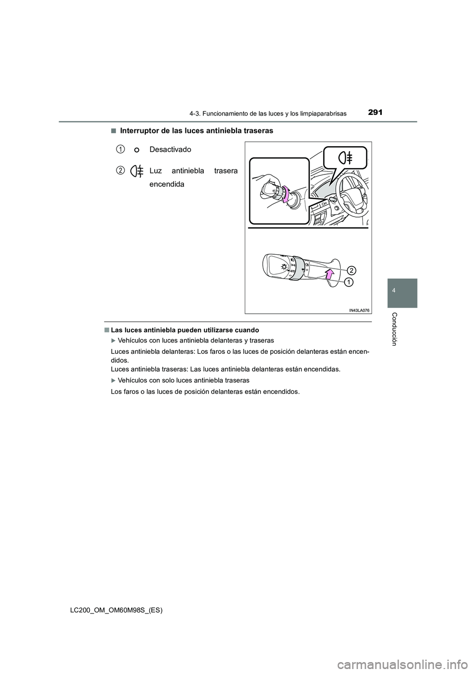 TOYOTA LAND CRUISER 2015  Manual del propietario (in Spanish) 2914-3. Funcionamiento de las luces y los limpiaparabrisas
4
Conducción
LC200_OM_OM60M98S_(ES)■
Interruptor de las luces antiniebla traseras
Desactivado
Luz antiniebla trasera
encendida
■Las luce
