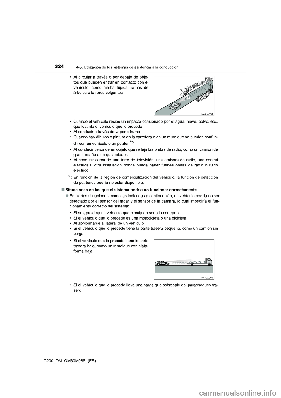 TOYOTA LAND CRUISER 2015  Manual del propietario (in Spanish) 3244-5. Utilización de los sistemas de asistencia a la conducción
LC200_OM_OM60M98S_(ES)• Cuando el vehículo recibe un impacto ocasionado por el agua, nieve, polvo, etc.,
que levanta el vehículo