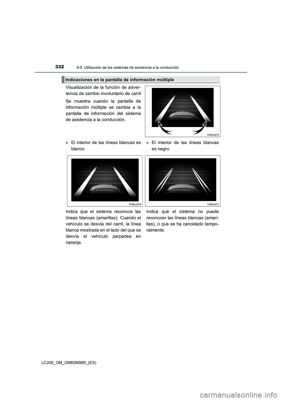 TOYOTA LAND CRUISER 2015  Manual del propietario (in Spanish) 3324-5. Utilización de los sistemas de asistencia a la conducción
LC200_OM_OM60M98S_(ES)
Visualización de la función de adver-
tencia de cambio involuntario de carril
Se muestra cuando la pantalla