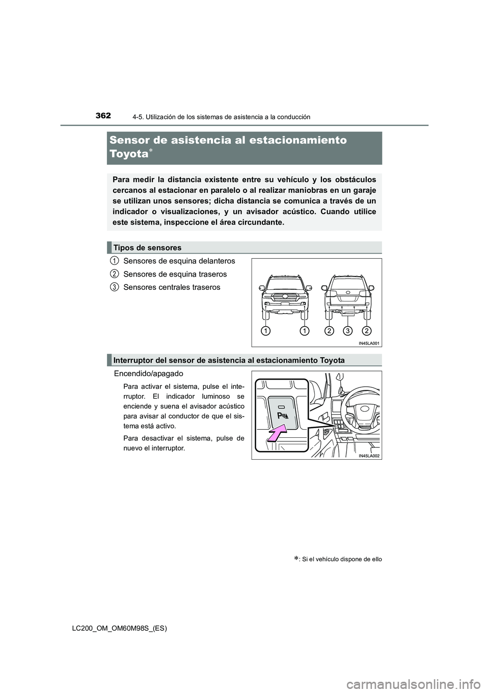 TOYOTA LAND CRUISER 2015  Manual del propietario (in Spanish) 3624-5. Utilización de los sistemas de asistencia a la conducción
LC200_OM_OM60M98S_(ES)
Sensor de asistencia al estacionamiento 
To y o t a
∗
Sensores de esquina delanteros
Sensores de esquina tr