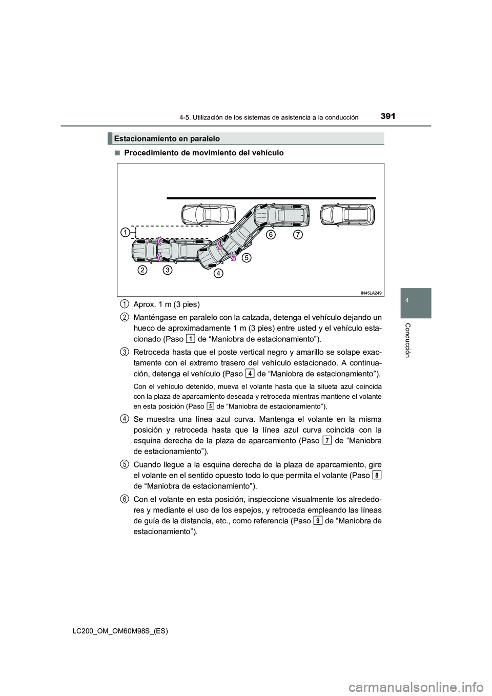 TOYOTA LAND CRUISER 2015  Manual del propietario (in Spanish) 3914-5. Utilización de los sistemas de asistencia a la conducción
4
Conducción
LC200_OM_OM60M98S_(ES)■
Procedimiento de movimiento del vehículo
Aprox. 1 m (3 pies)
Manténgase en paralelo con la