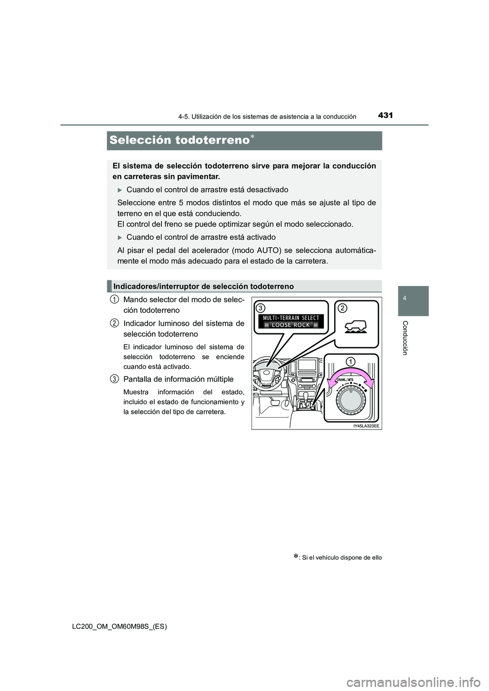 TOYOTA LAND CRUISER 2015  Manual del propietario (in Spanish) 431
4
4-5. Utilización de los sistemas de asistencia a la conducción
Conducción
LC200_OM_OM60M98S_(ES)
Selección todoterreno∗
Mando selector del modo de selec-
ción todoterreno
Indicador lumino