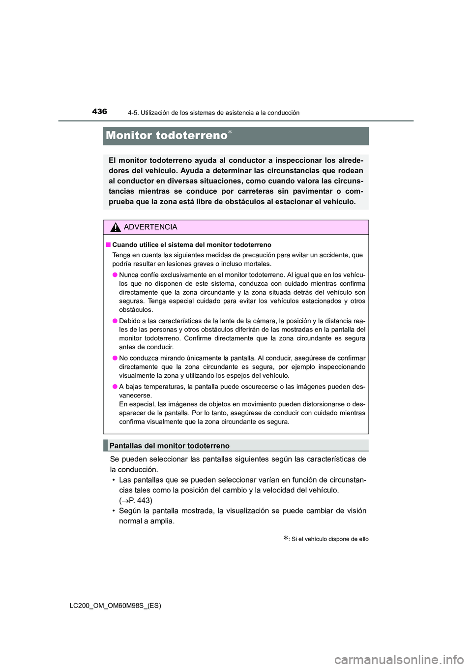TOYOTA LAND CRUISER 2015  Manual del propietario (in Spanish) 4364-5. Utilización de los sistemas de asistencia a la conducción
LC200_OM_OM60M98S_(ES)
Monitor todoterreno∗
Se pueden seleccionar las pantallas siguientes según las características de
la condu