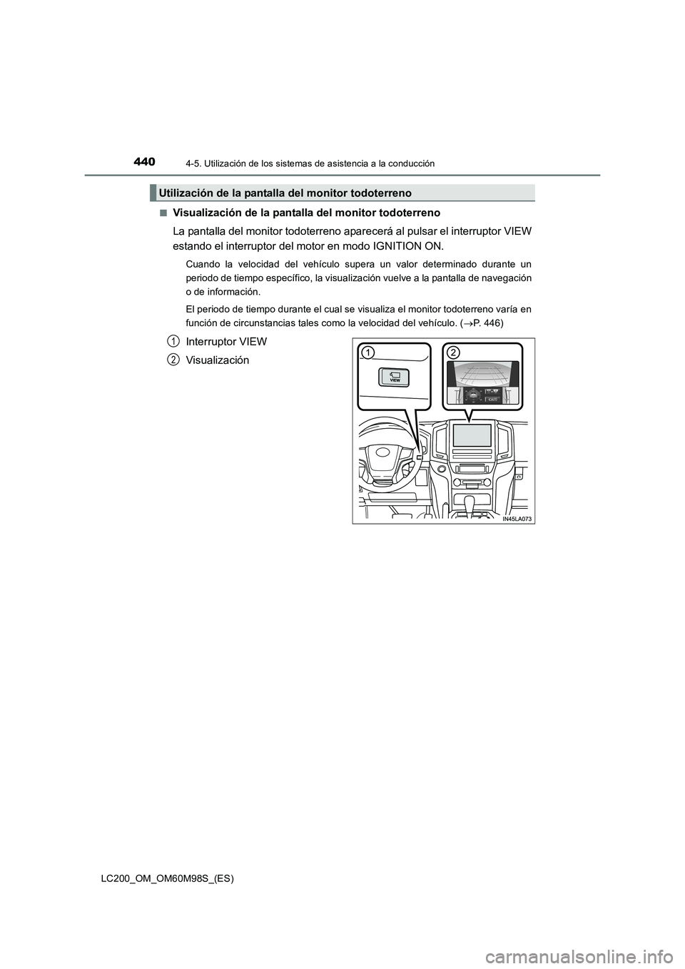 TOYOTA LAND CRUISER 2015  Manual del propietario (in Spanish) 4404-5. Utilización de los sistemas de asistencia a la conducción
LC200_OM_OM60M98S_(ES)■
Visualización de la pantalla del monitor todoterreno
La pantalla del monitor todoterreno aparecerá al pu