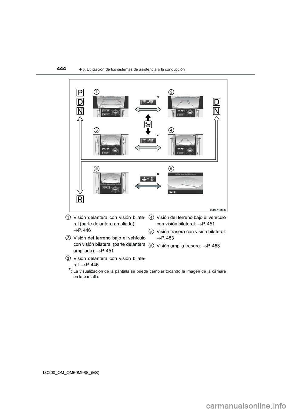 TOYOTA LAND CRUISER 2015  Manual del propietario (in Spanish) 4444-5. Utilización de los sistemas de asistencia a la conducción
LC200_OM_OM60M98S_(ES)
*: La visualización de la pantalla se puede cambiar tocando la imagen de la cámara
en la pantalla.
*
*
*
Vi