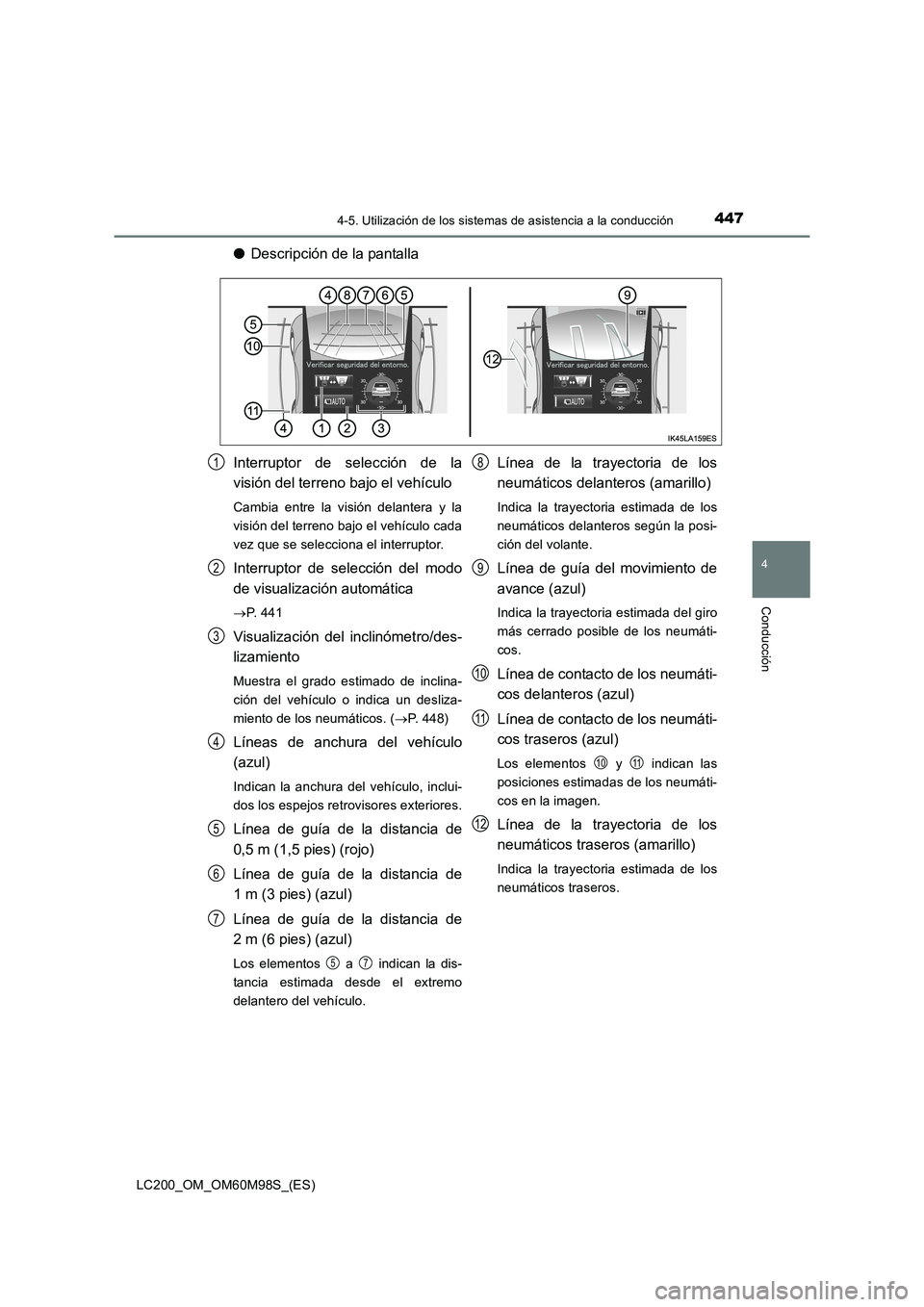 TOYOTA LAND CRUISER 2015  Manual del propietario (in Spanish) 4474-5. Utilización de los sistemas de asistencia a la conducción
4
Conducción
LC200_OM_OM60M98S_(ES)
●Descripción de la pantalla
Interruptor de selección de la
visión del terreno bajo el veh