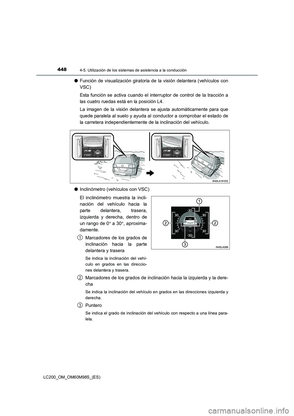 TOYOTA LAND CRUISER 2015  Manual del propietario (in Spanish) 4484-5. Utilización de los sistemas de asistencia a la conducción
LC200_OM_OM60M98S_(ES)
●Función de visualización giratoria de la visión delantera (vehículos con
VSC)
Esta función se activa 