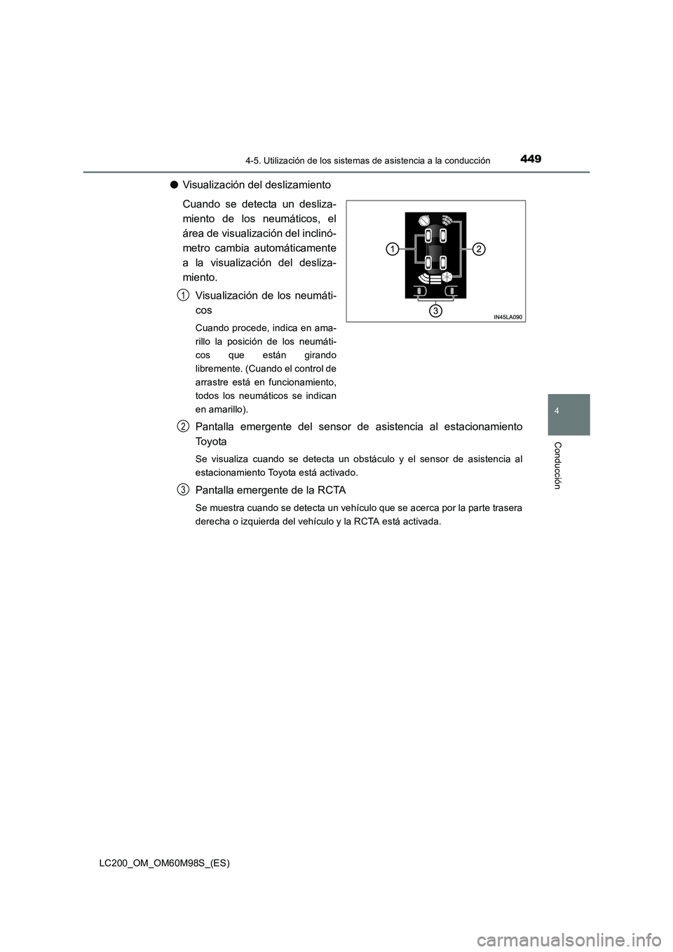 TOYOTA LAND CRUISER 2015  Manual del propietario (in Spanish) 4494-5. Utilización de los sistemas de asistencia a la conducción
4
Conducción
LC200_OM_OM60M98S_(ES)
●Visualización del deslizamiento
Cuando se detecta un desliza-
miento de los neumáticos, el