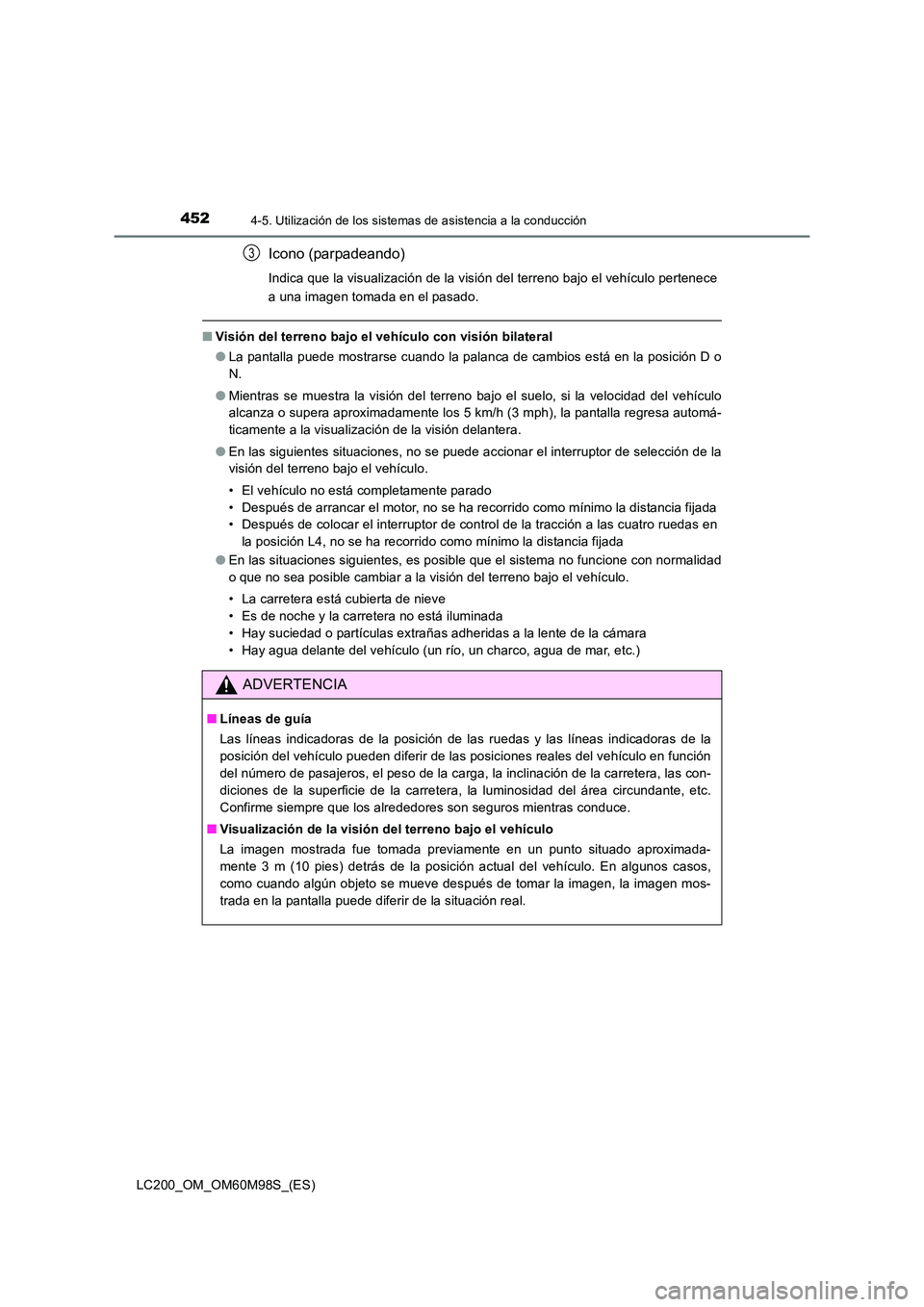 TOYOTA LAND CRUISER 2015  Manual del propietario (in Spanish) 4524-5. Utilización de los sistemas de asistencia a la conducción
LC200_OM_OM60M98S_(ES)
Icono (parpadeando)
Indica que la visualización de la visión del terreno bajo el vehículo pertenece
a una 
