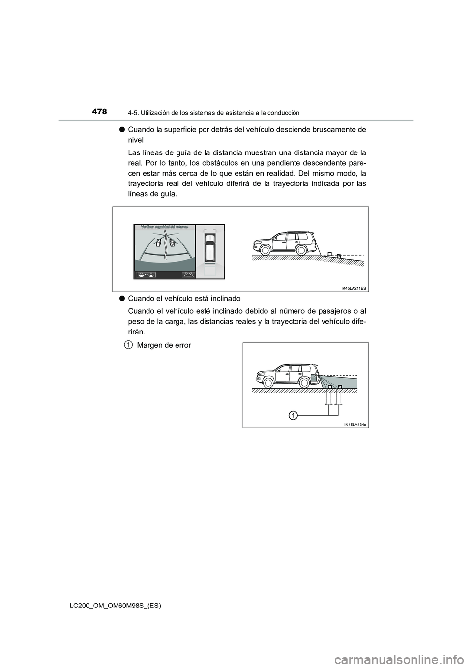 TOYOTA LAND CRUISER 2015  Manual del propietario (in Spanish) 4784-5. Utilización de los sistemas de asistencia a la conducción
LC200_OM_OM60M98S_(ES)
●Cuando la superficie por detrás del vehículo desciende bruscamente de
nivel
Las líneas de guía de la d